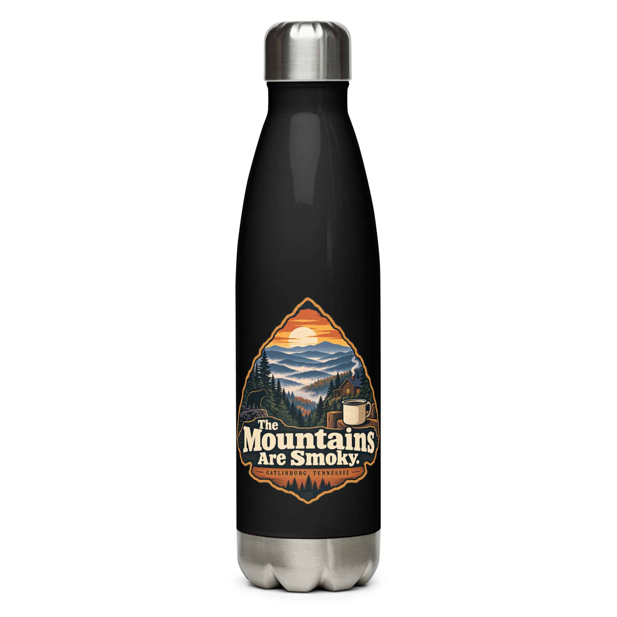 Gatlinburg and the Smokies Stainless Steel Water Bottle: The Mountains Are Smoky, Scenic Shield Badge