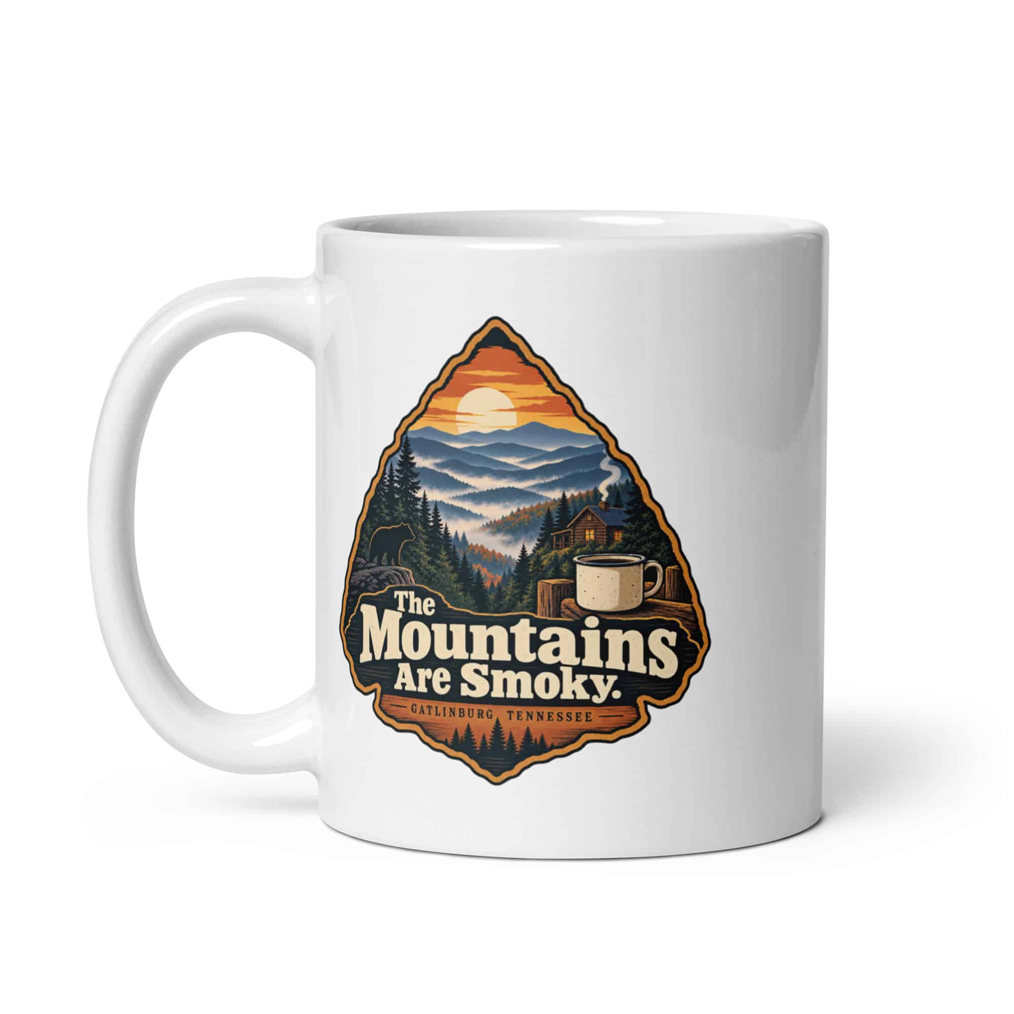 Gatlinburg and the Smokies White Ceramic Coffee Mug: The Mountains Are Smoky, Scenic Shield Badge