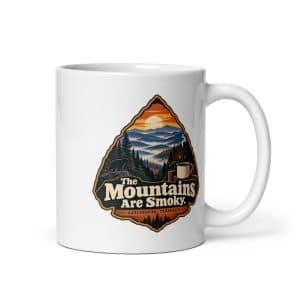 Gatlinburg and the Smokies White Ceramic Coffee Mug: The Mountains Are Smoky, Scenic Shield Badge - 11 oz - Main