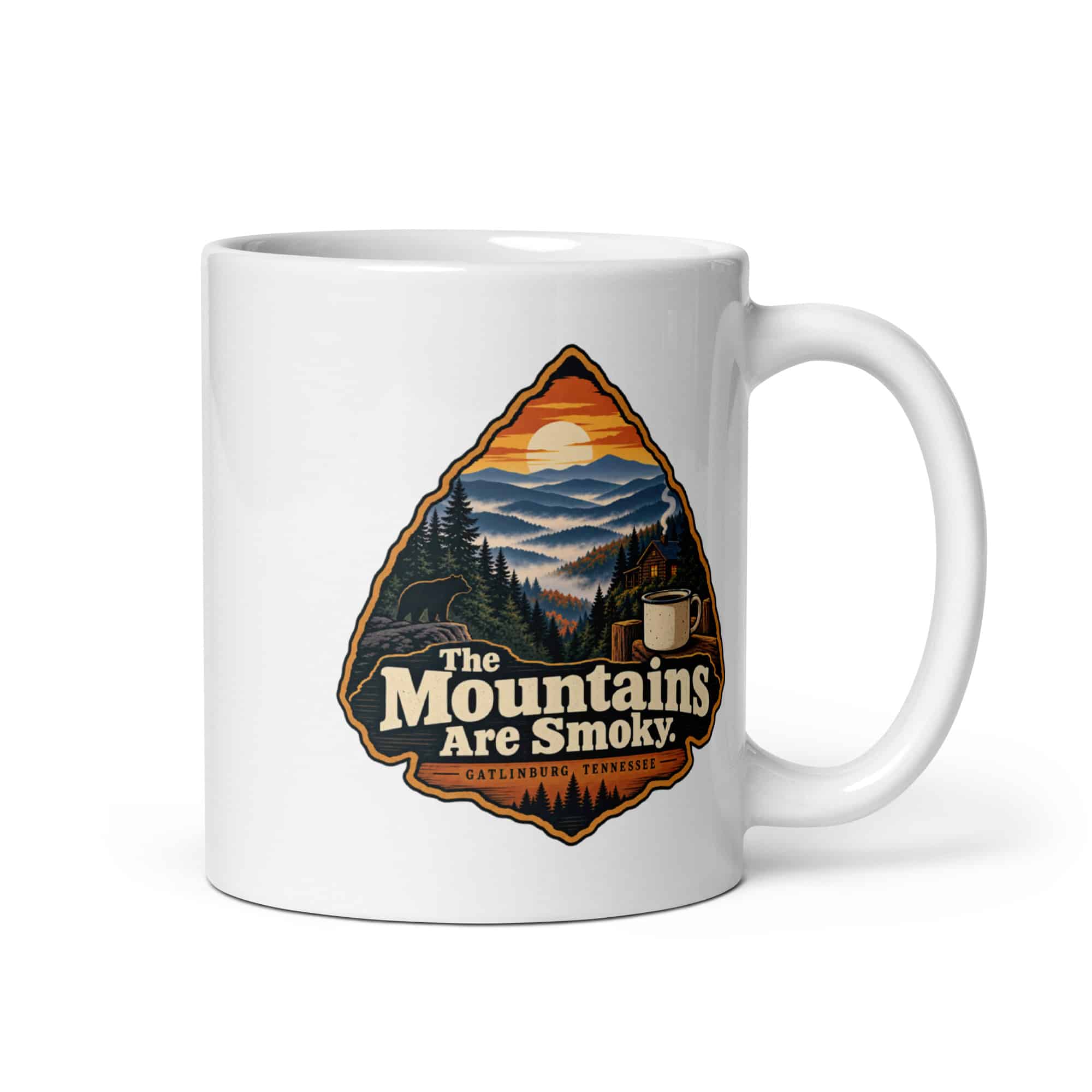 Gatlinburg and the Smokies White Ceramic Coffee Mug: The Mountains Are Smoky, Scenic Shield Badge