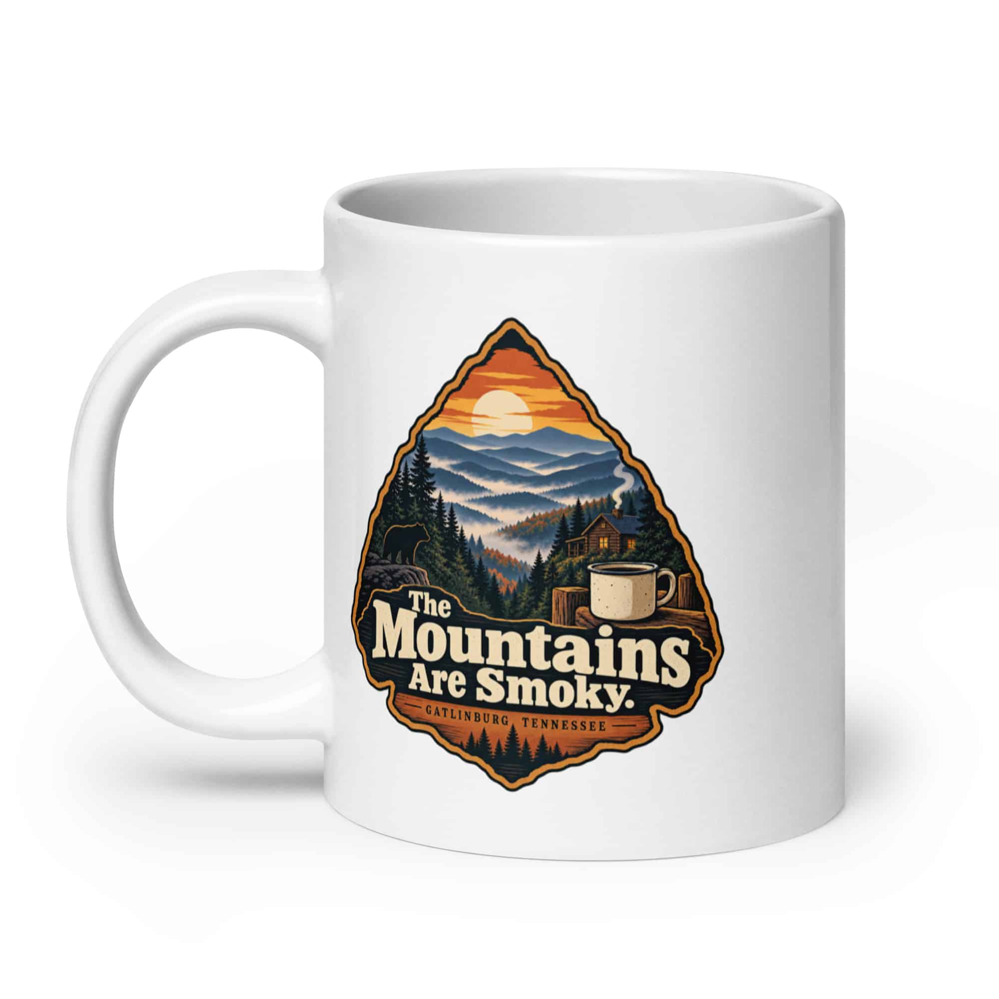 Gatlinburg and the Smokies White Ceramic Coffee Mug: The Mountains Are Smoky, Scenic Shield Badge