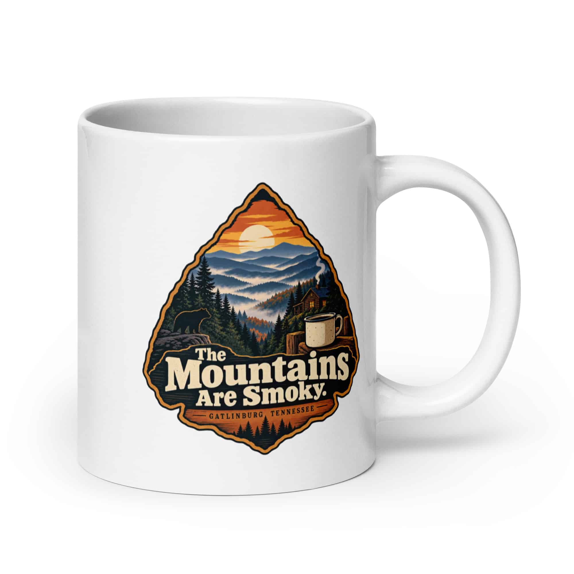 Gatlinburg and the Smokies White Ceramic Coffee Mug: The Mountains Are Smoky, Scenic Shield Badge