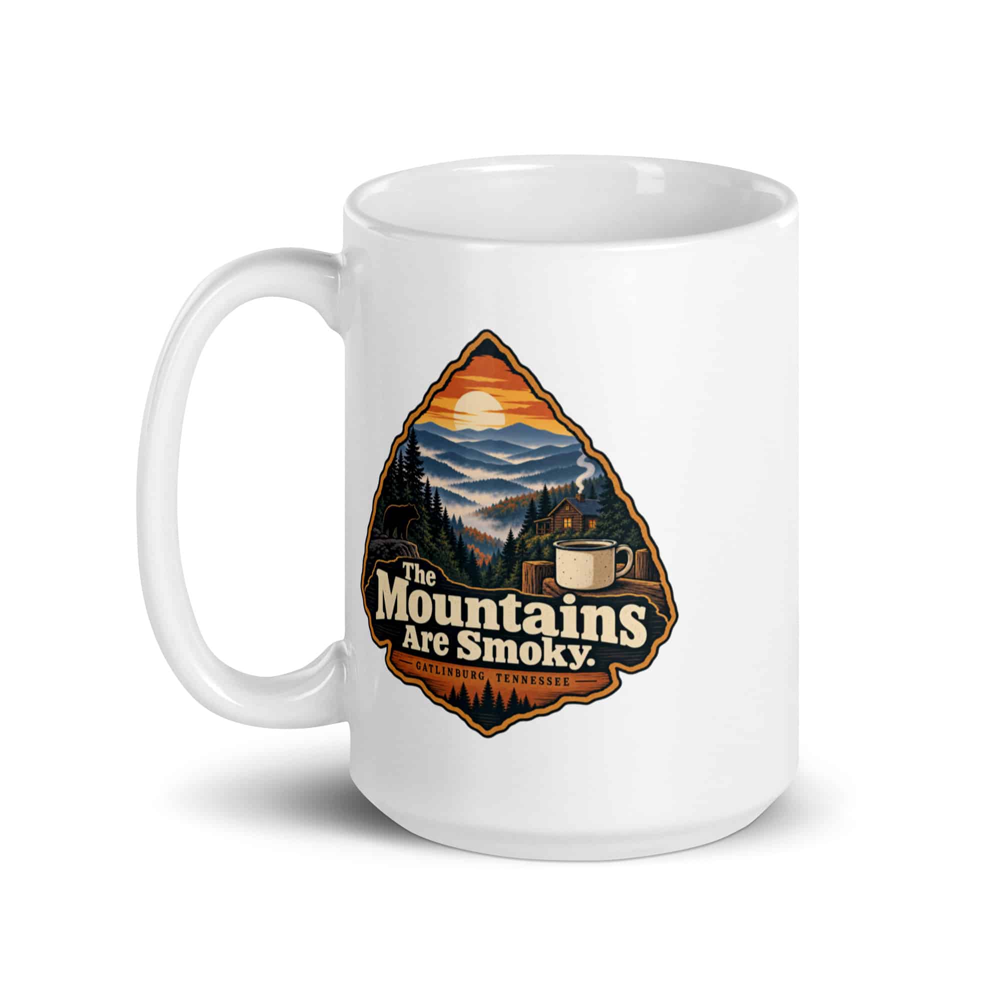 Gatlinburg and the Smokies White Ceramic Coffee Mug: The Mountains Are Smoky, Scenic Shield Badge