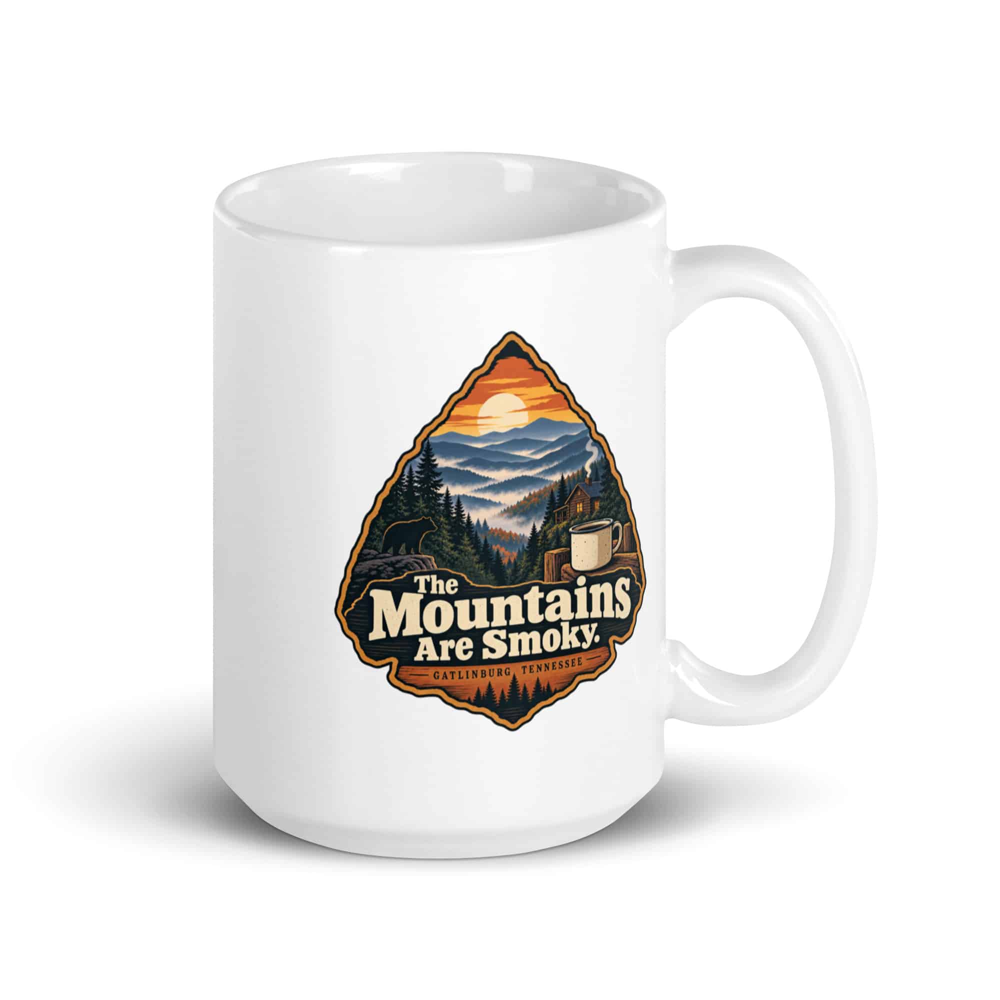 Gatlinburg and the Smokies White Ceramic Coffee Mug: The Mountains Are Smoky, Scenic Shield Badge