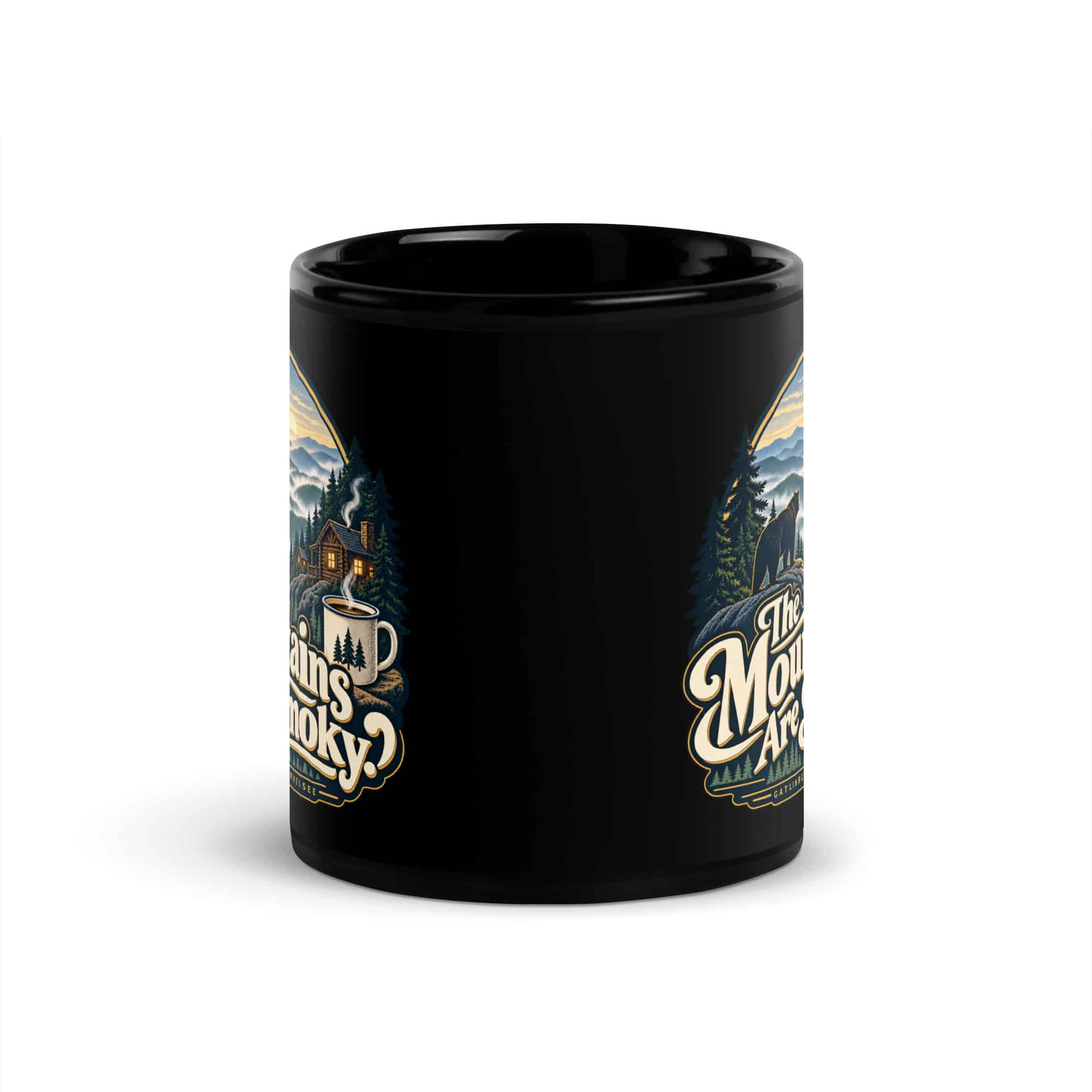 Gatlinburg and the Smokies Black Coffee Mug: The Mountains Are Smoky, Woodland Scenic Lettering
