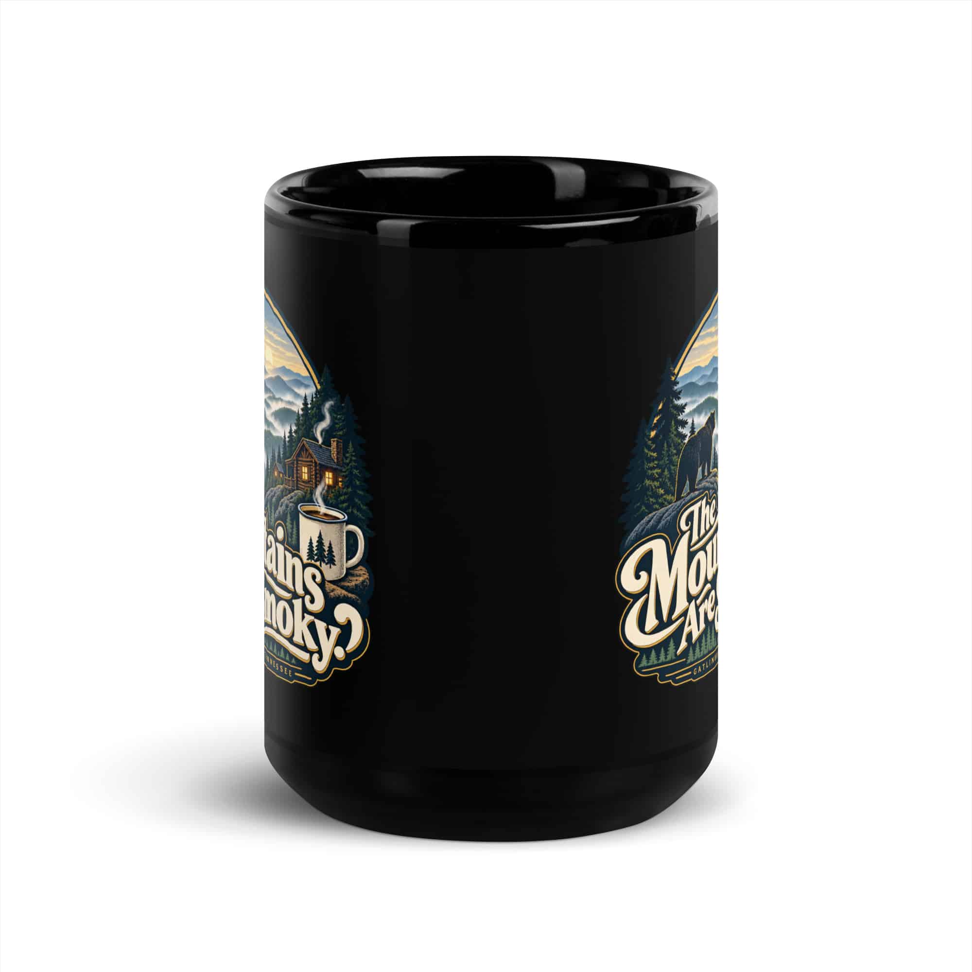 Gatlinburg and the Smokies Black Coffee Mug: The Mountains Are Smoky, Woodland Scenic Lettering