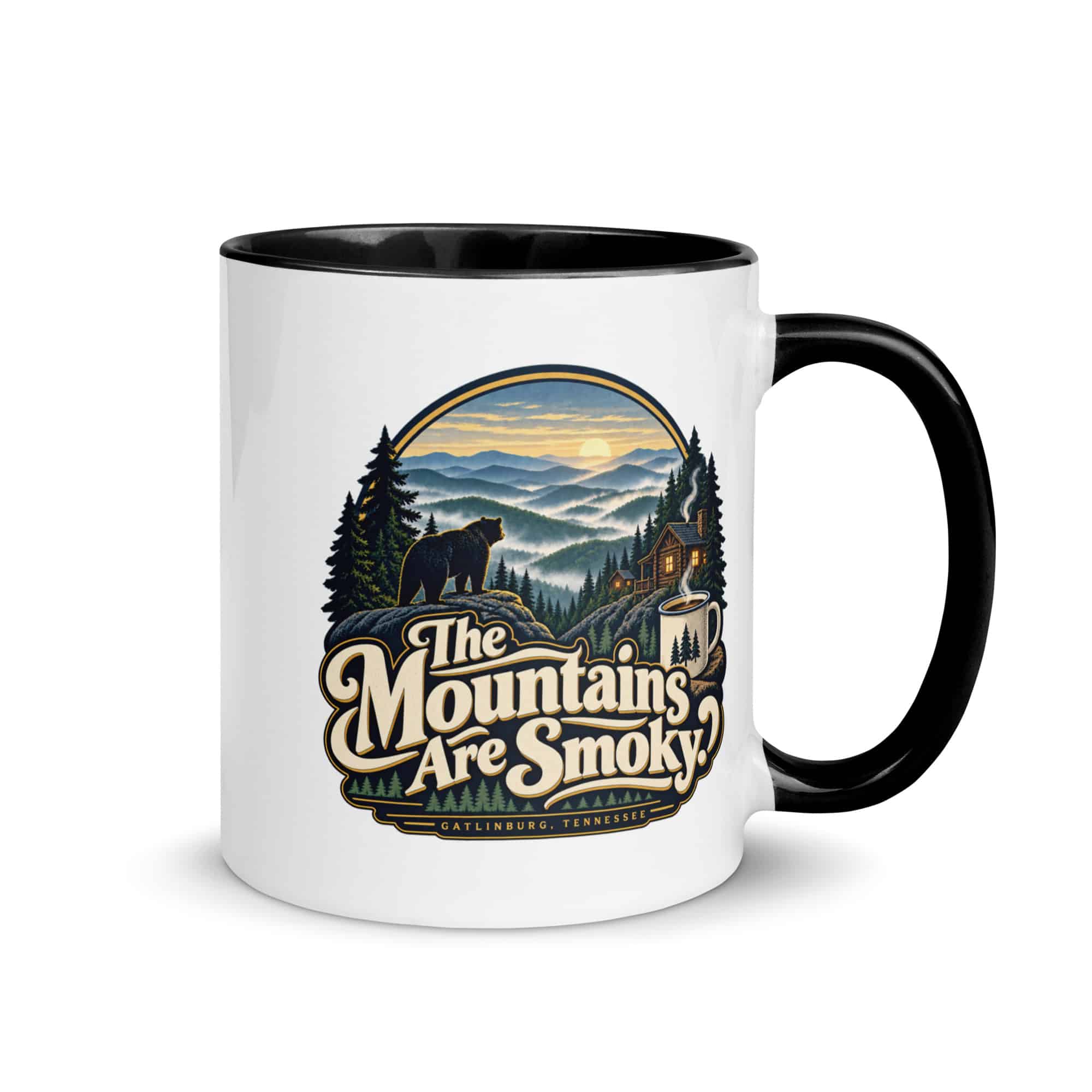Gatlinburg and the Smokies Color Inside Coffee Mug: The Mountains Are Smoky, Woodland Scenic Lettering