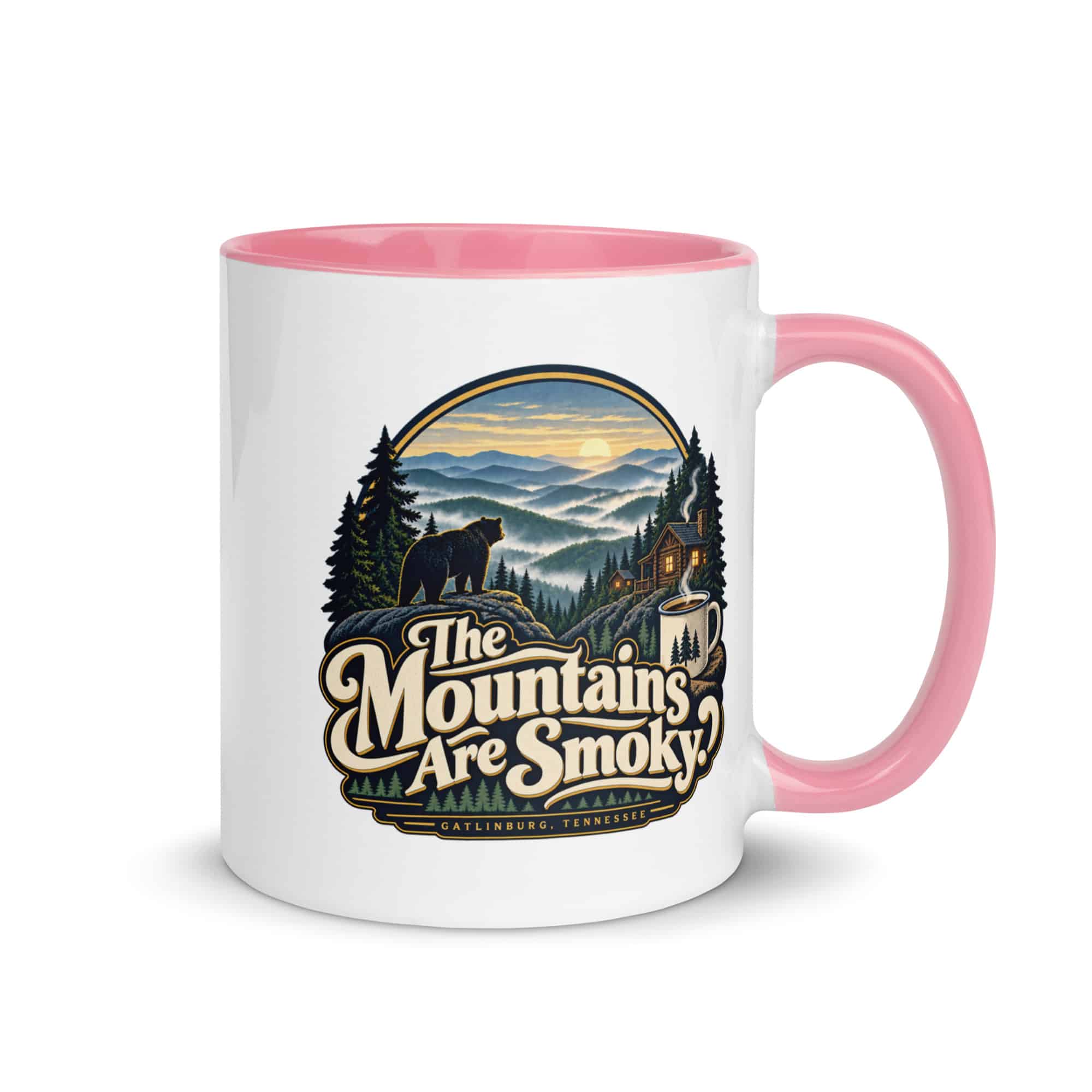 Gatlinburg and the Smokies Color Inside Coffee Mug: The Mountains Are Smoky, Woodland Scenic Lettering
