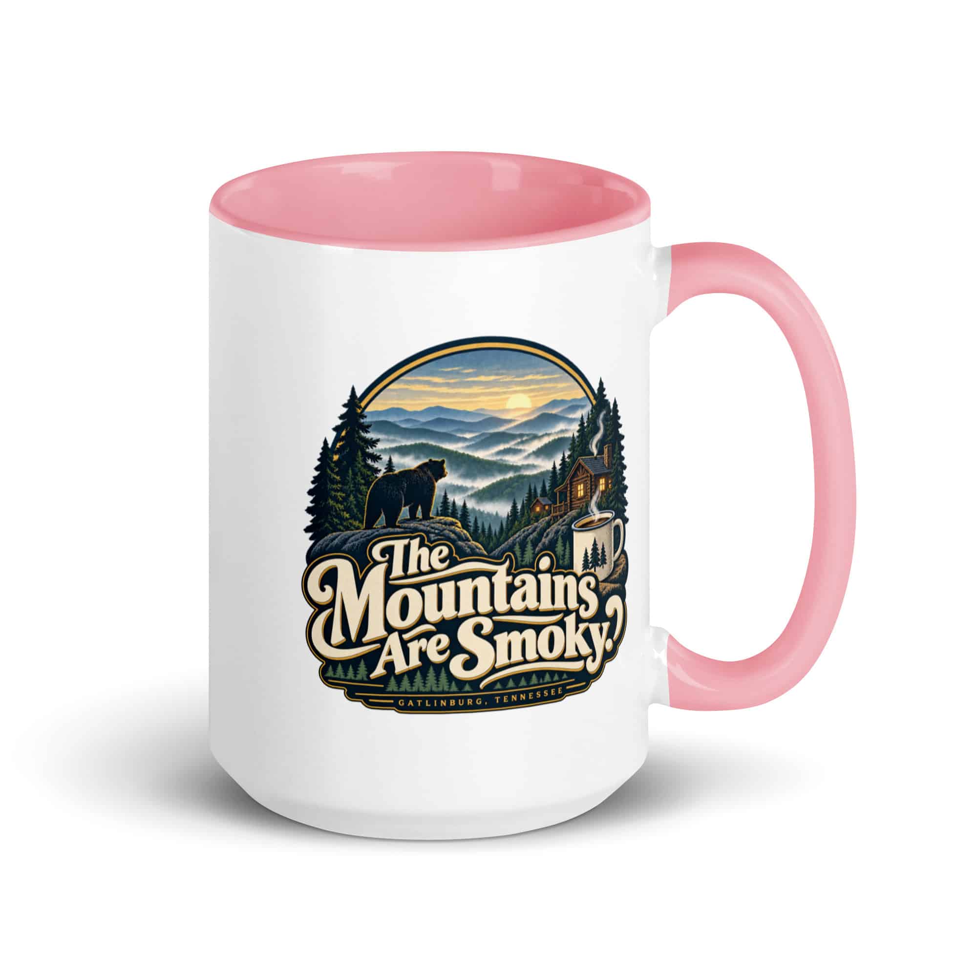 Gatlinburg and the Smokies Color Inside Coffee Mug: The Mountains Are Smoky, Woodland Scenic Lettering