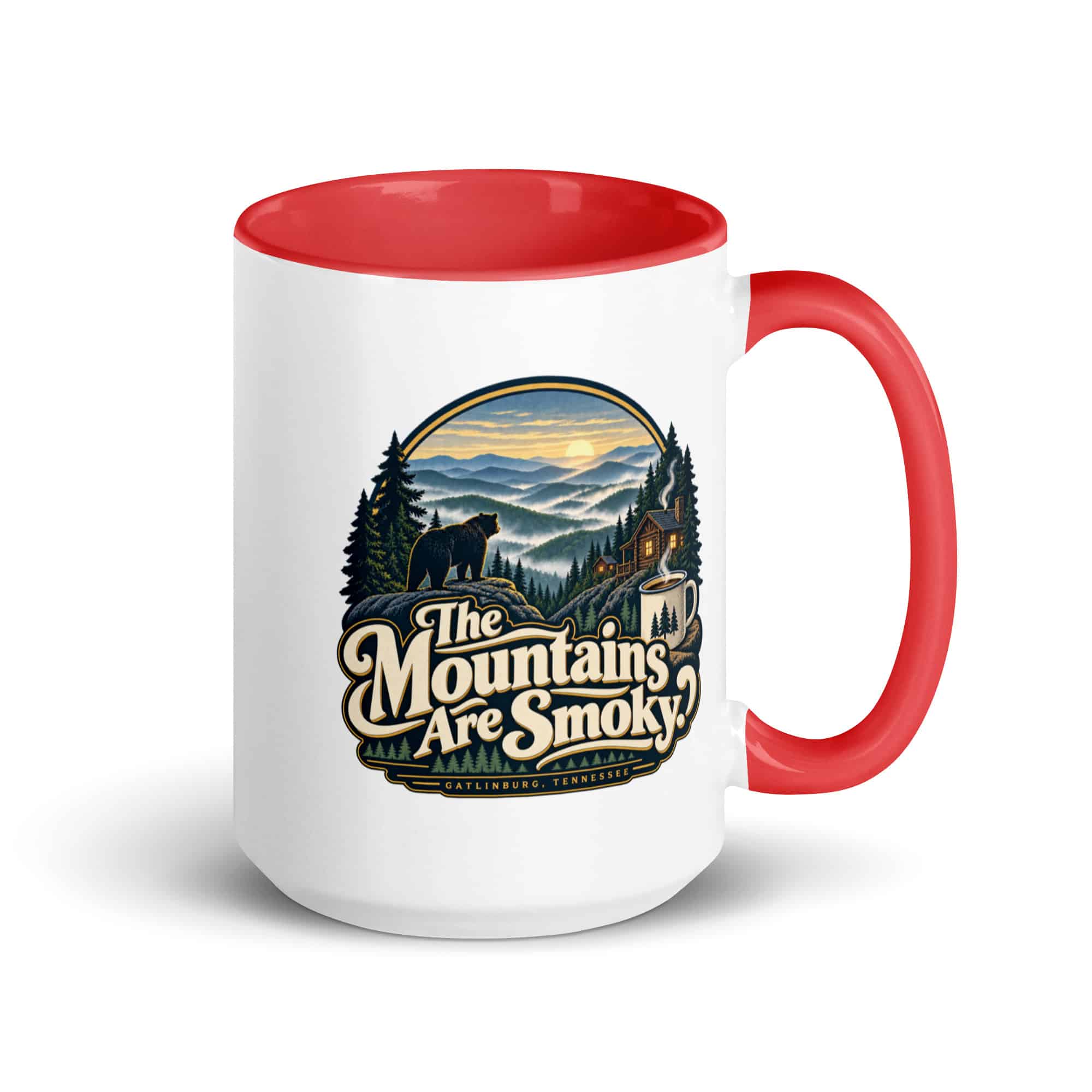 Gatlinburg and the Smokies Color Inside Coffee Mug: The Mountains Are Smoky, Woodland Scenic Lettering
