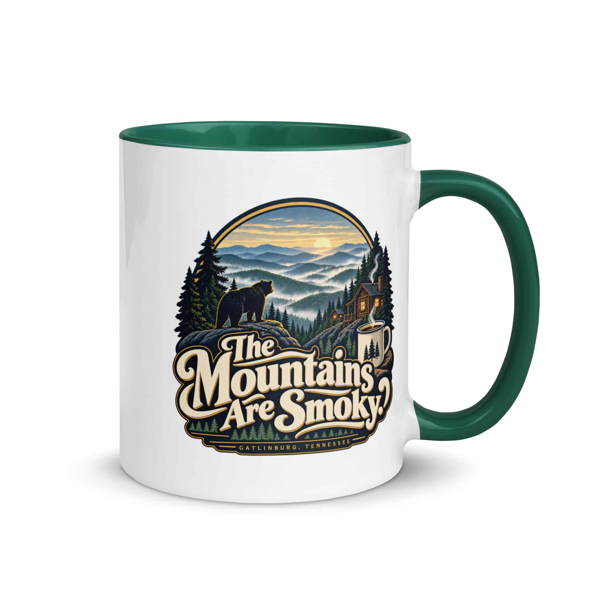Gatlinburg and the Smokies Color Inside Coffee Mug: The Mountains Are Smoky, Woodland Scenic Lettering