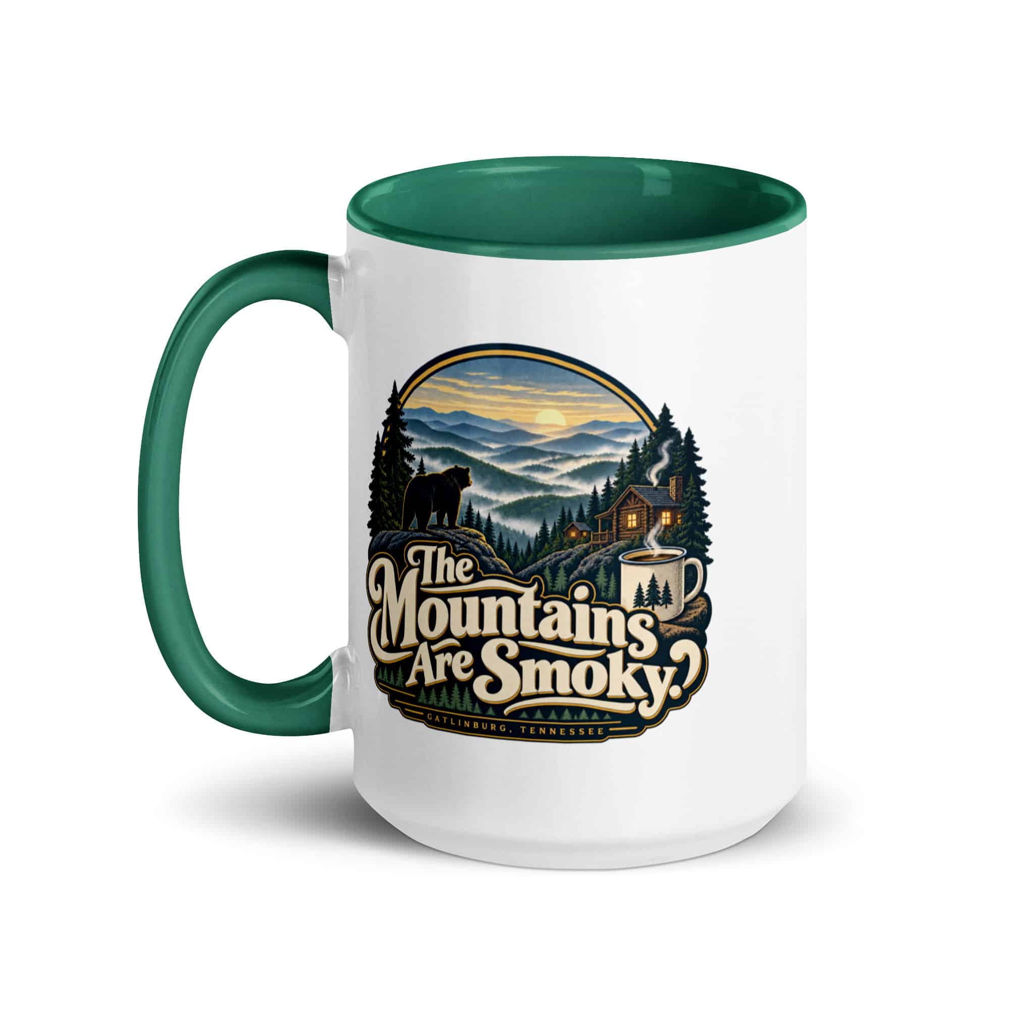 Gatlinburg and the Smokies Color Inside Coffee Mug: The Mountains Are Smoky, Woodland Scenic Lettering