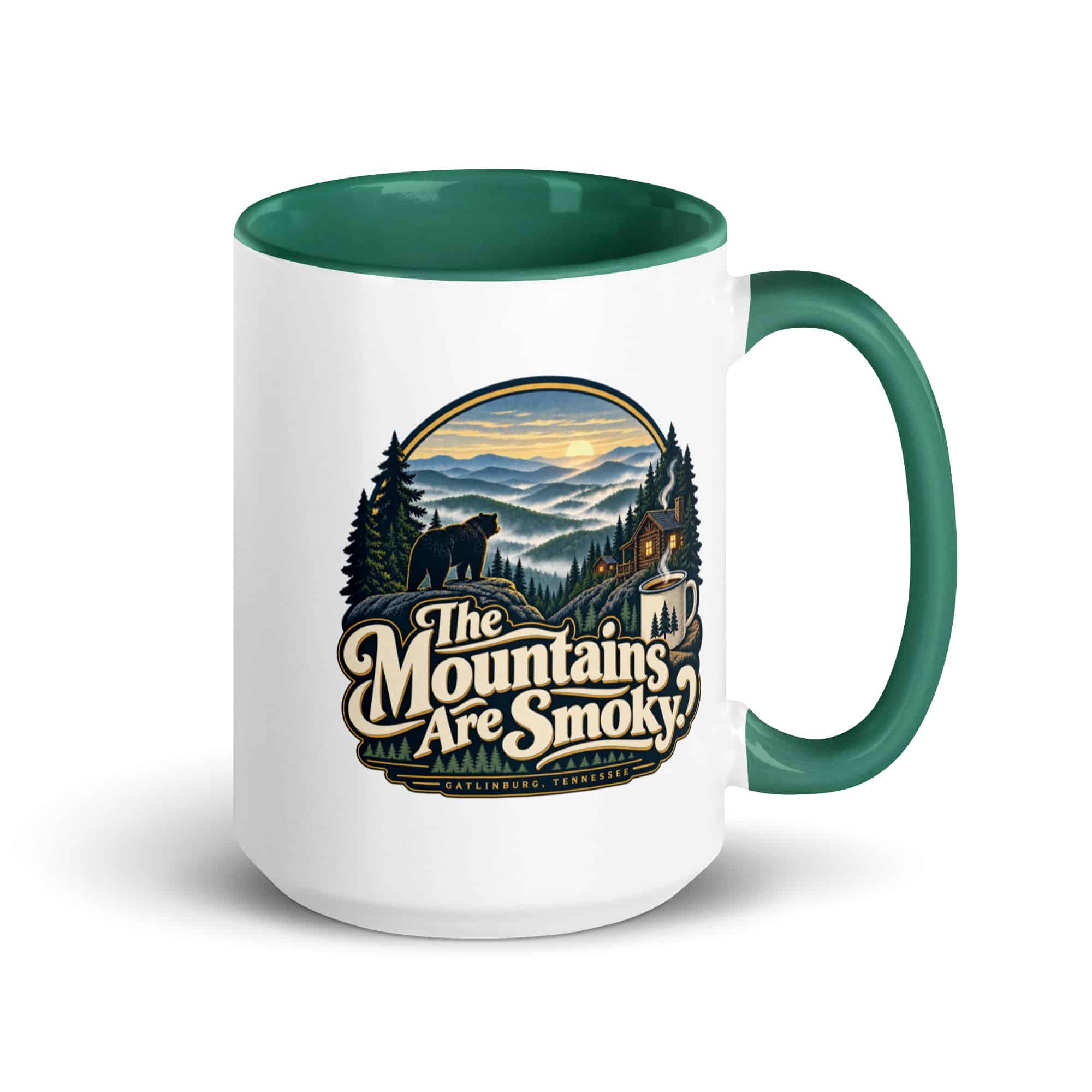 Gatlinburg and the Smokies Color Inside Coffee Mug: The Mountains Are Smoky, Woodland Scenic Lettering