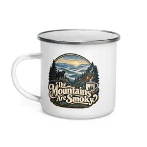 Gatlinburg and the Smokies Enamel Camp Mug: The Mountains Are Smoky, Woodland Scenic Lettering - 12 oz - Left