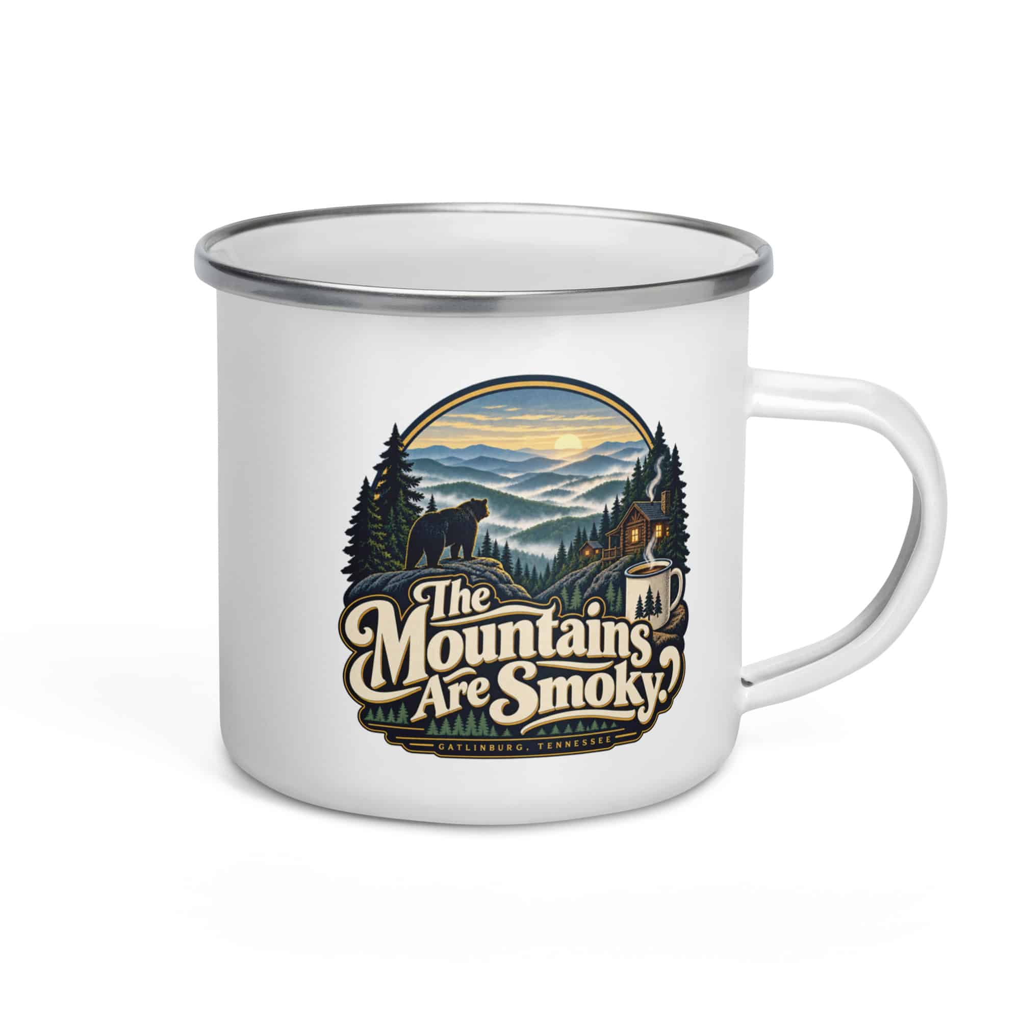Gatlinburg and the Smokies Enamel Camp Mug: The Mountains Are Smoky, Woodland Scenic Lettering