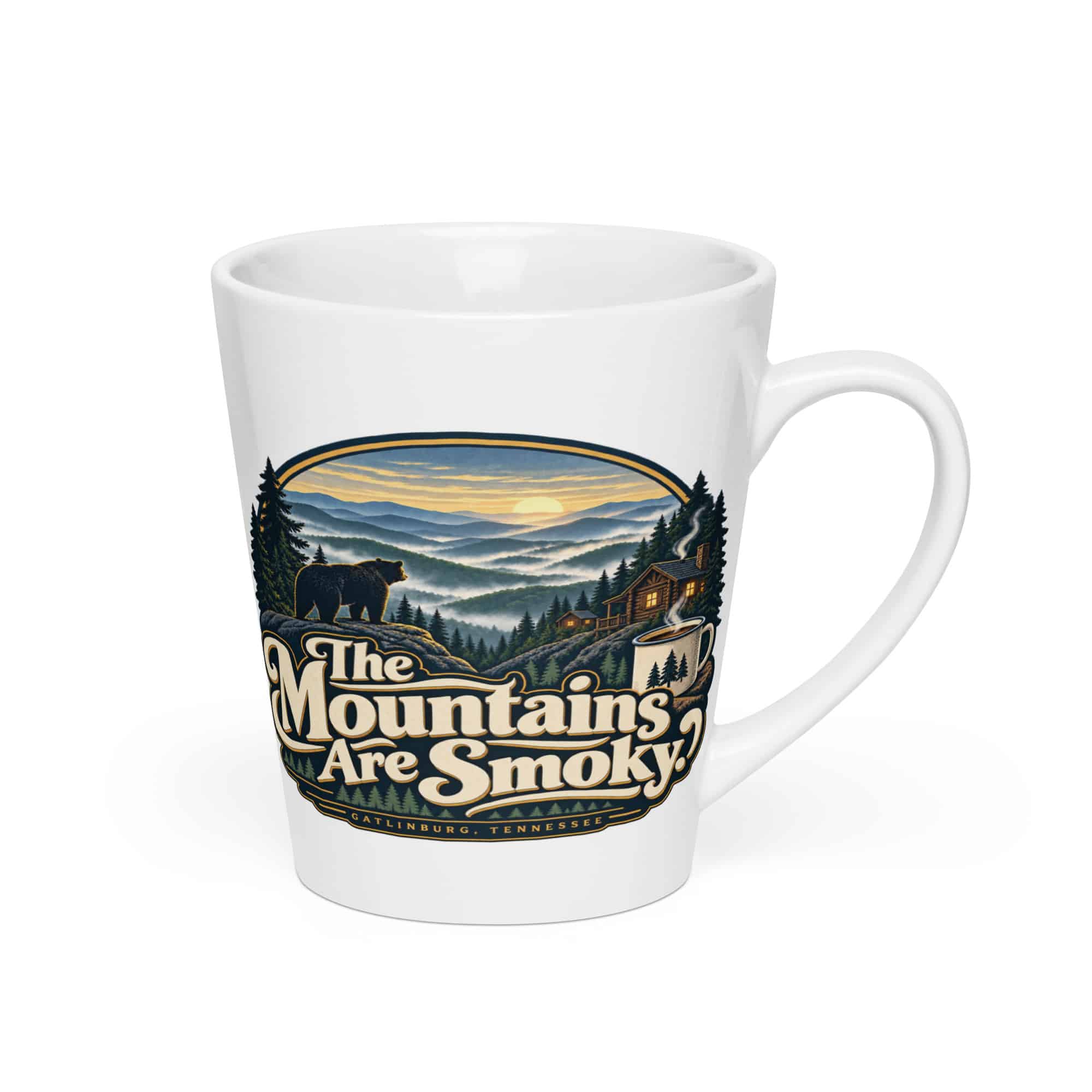 Gatlinburg and the Smokies Latte Mug: The Mountains Are Smoky, Woodland Scenic Lettering