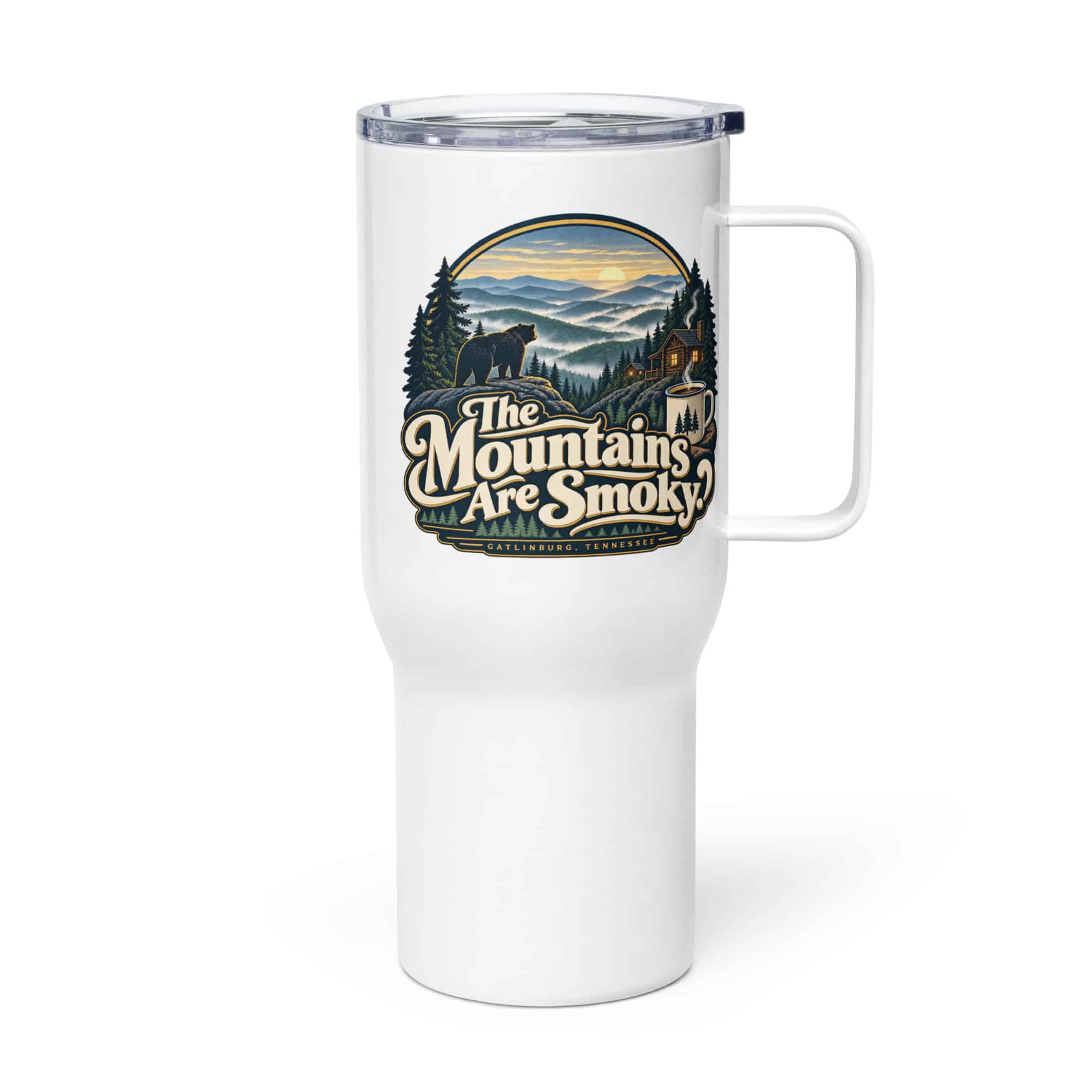 Gatlinburg and the Smokies Travel Mug: The Mountains Are Smoky, Woodland Scenic Lettering