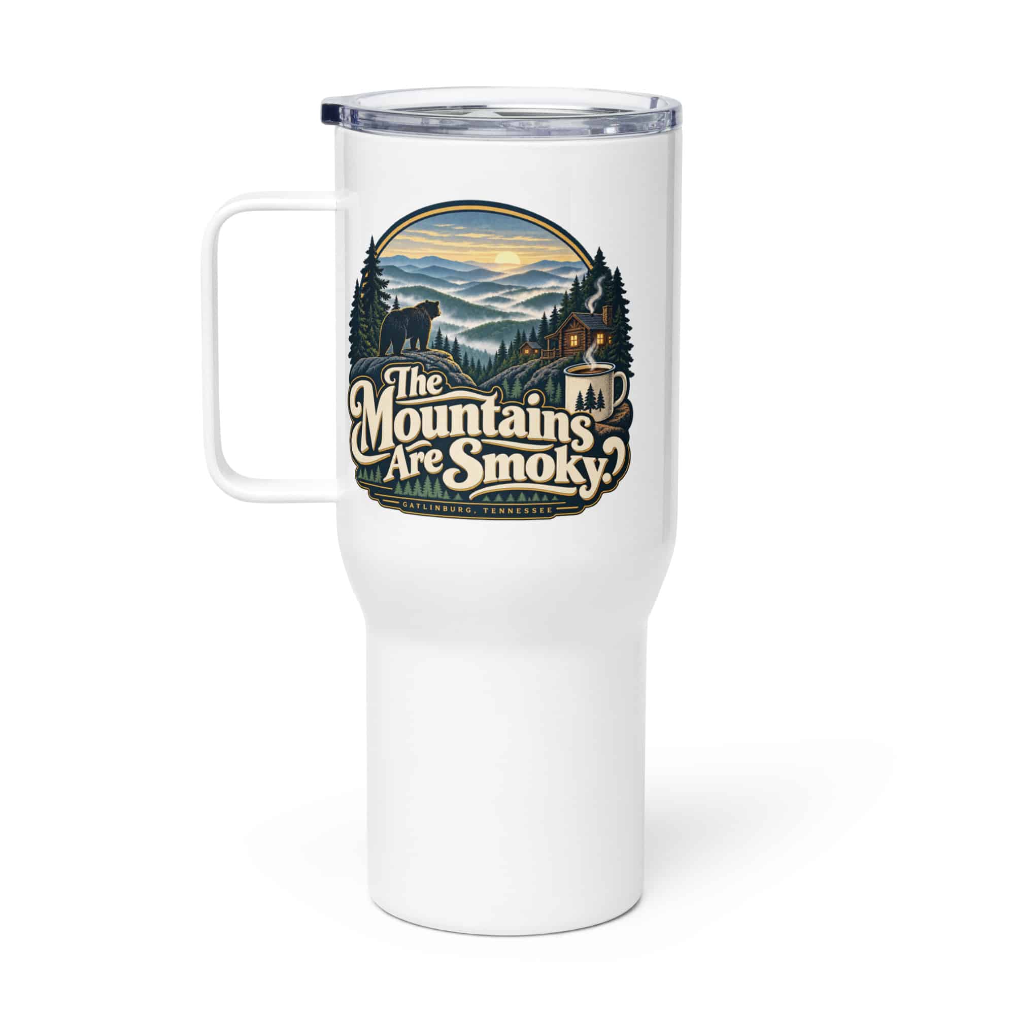 Gatlinburg and the Smokies Travel Mug: The Mountains Are Smoky, Woodland Scenic Lettering