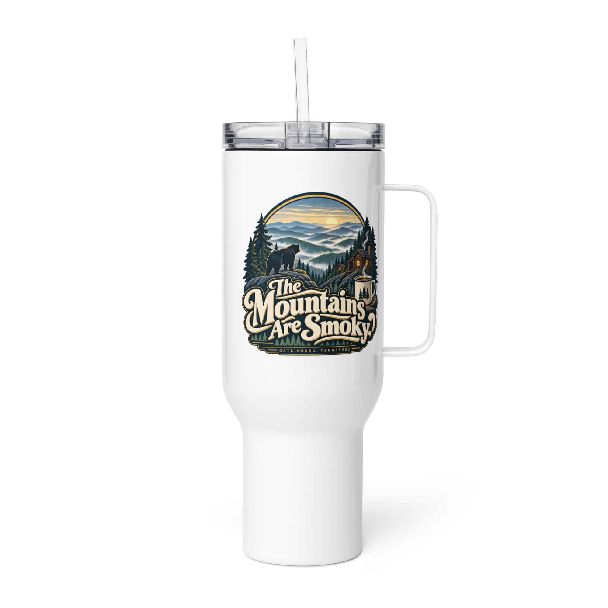 Gatlinburg and the Smokies Travel Mug: The Mountains Are Smoky, Woodland Scenic Lettering