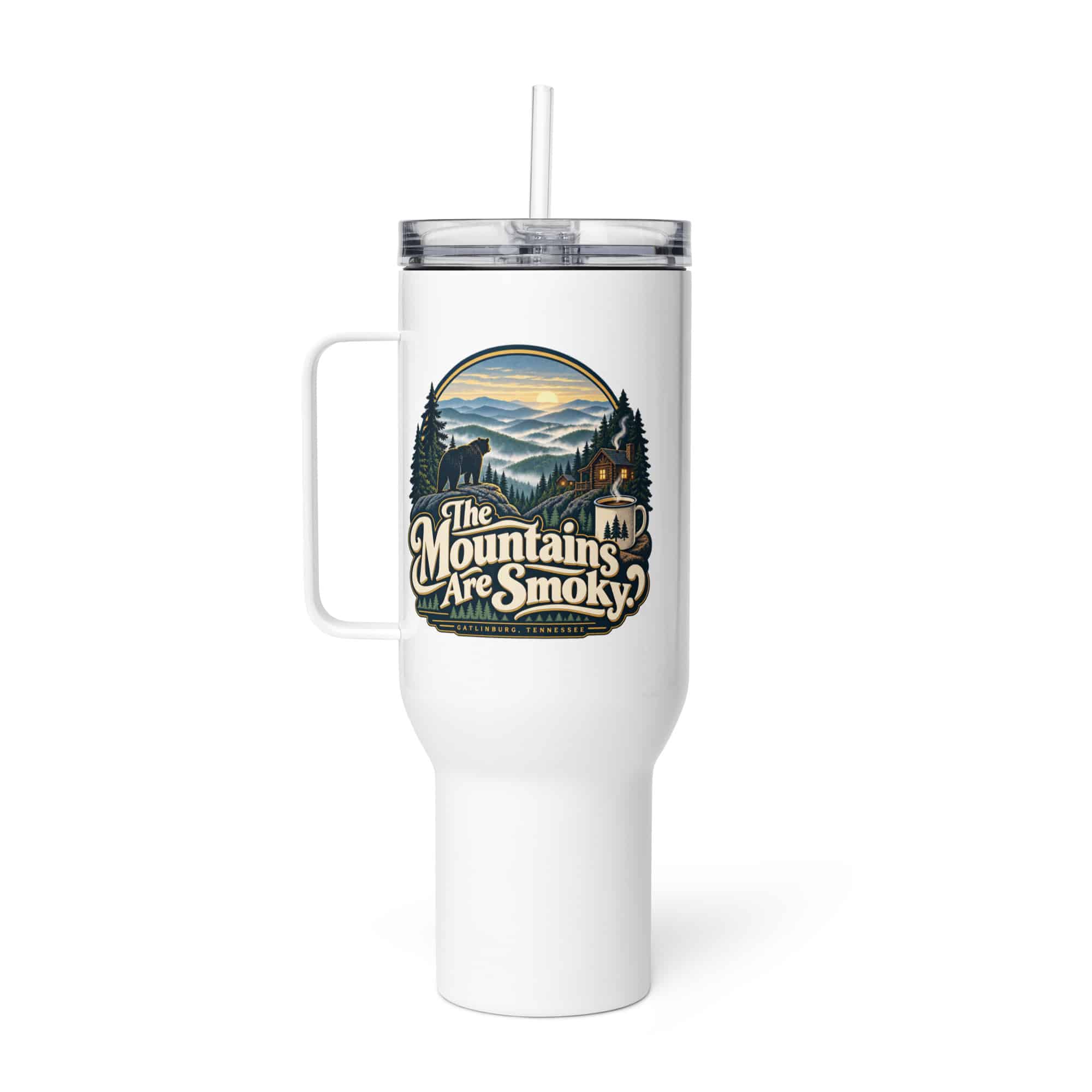Gatlinburg and the Smokies Travel Mug: The Mountains Are Smoky, Woodland Scenic Lettering
