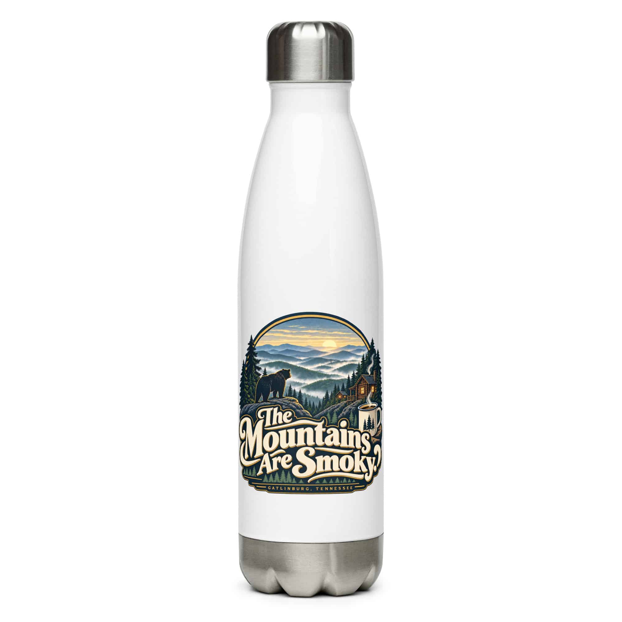 Gatlinburg and the Smokies Stainless Steel Water Bottle: The Mountains Are Smoky, Woodland Scenic Lettering