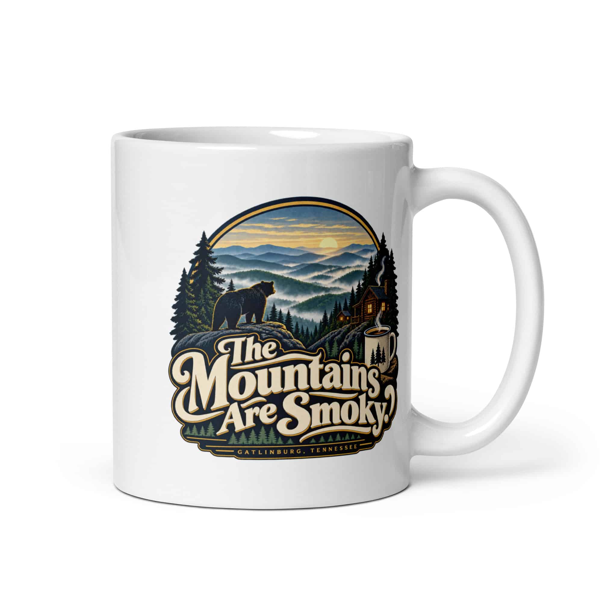 Gatlinburg and the Smokies White Ceramic Coffee Mug: The Mountains Are Smoky, Woodland Scenic Lettering