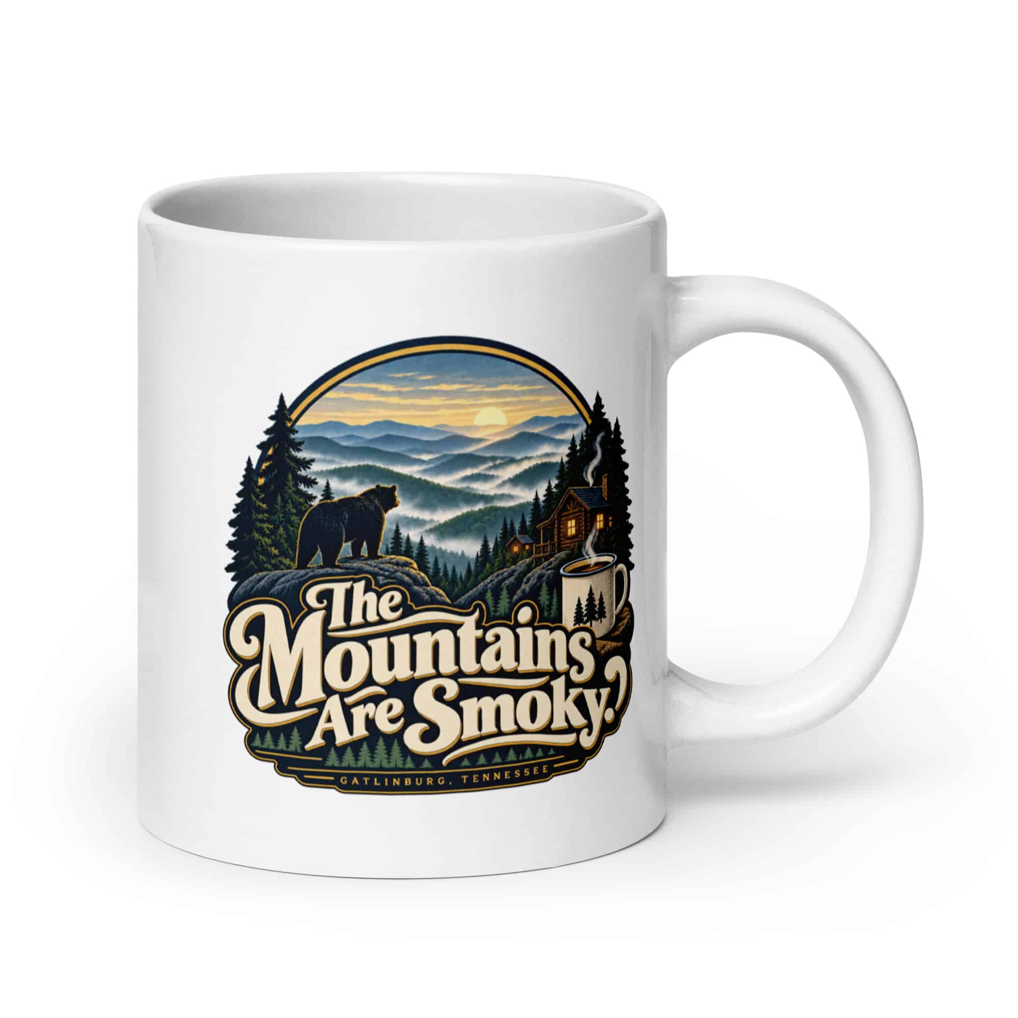 Gatlinburg and the Smokies White Ceramic Coffee Mug: The Mountains Are Smoky, Woodland Scenic Lettering