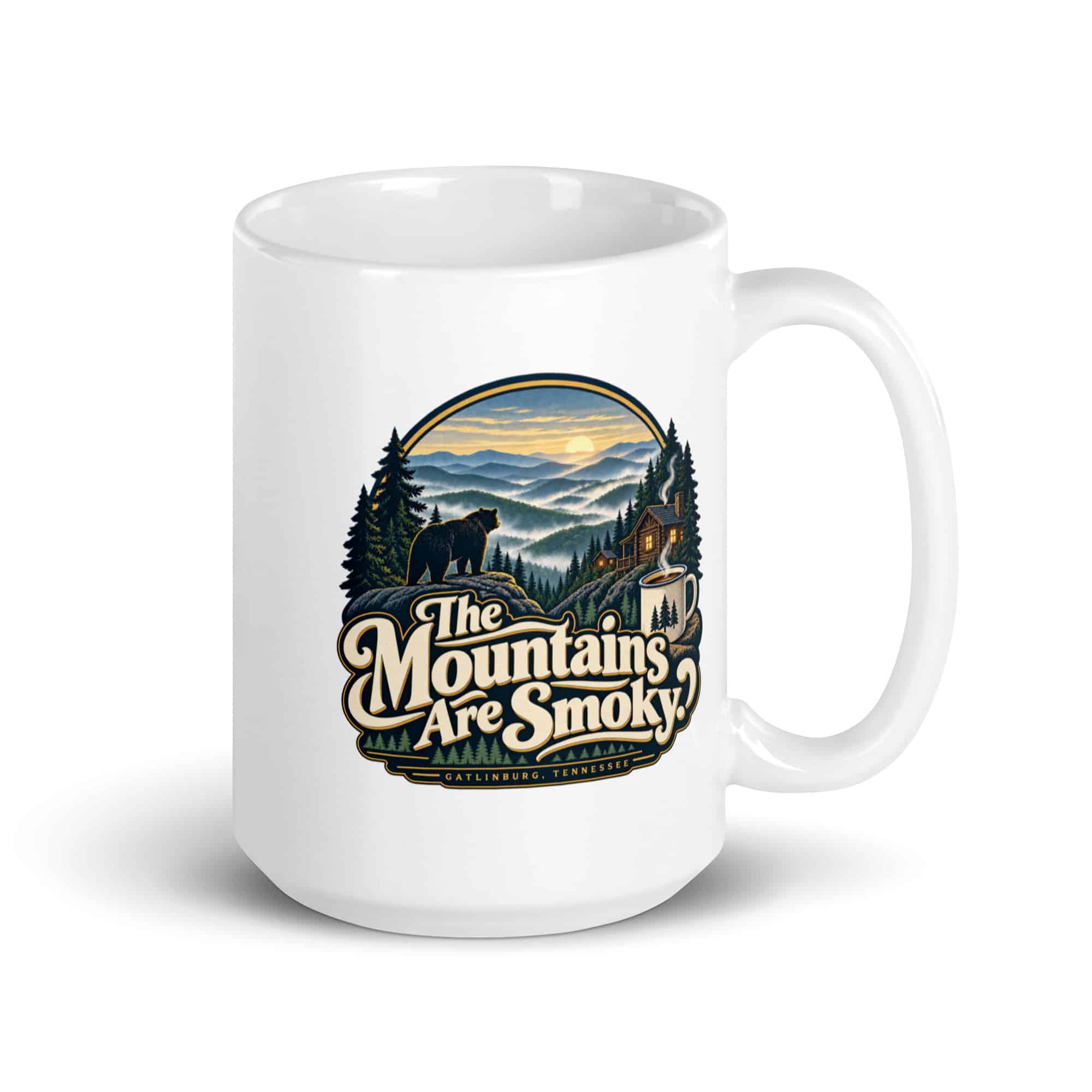 Gatlinburg and the Smokies White Ceramic Coffee Mug: The Mountains Are Smoky, Woodland Scenic Lettering