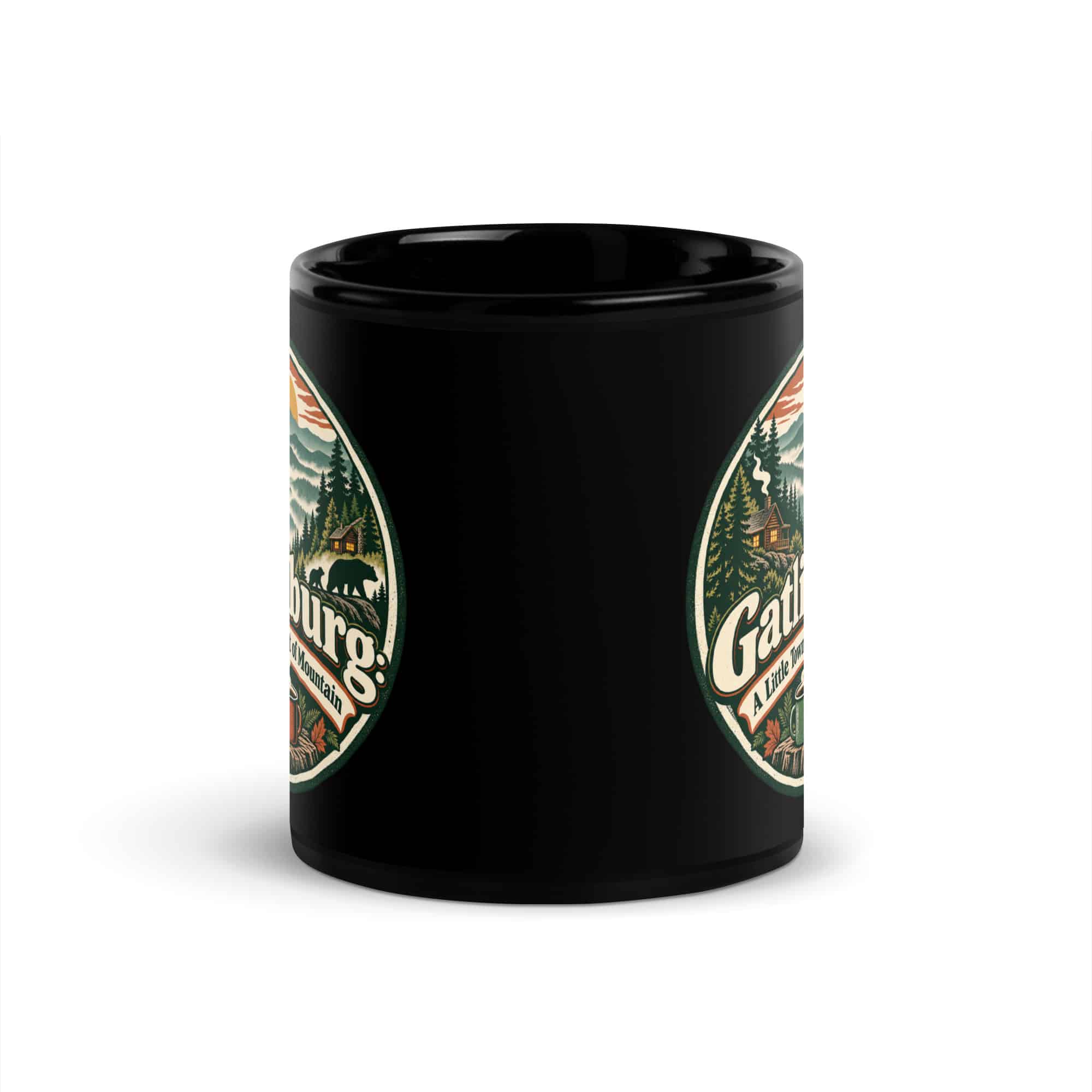 Gatlinburg and the Smokies Black Coffee Mug: Gatlinburg: A Little Town, a Lot of Mountain, Vintage Round Badge