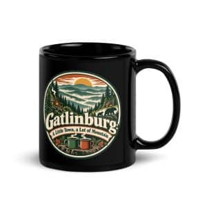 Gatlinburg and the Smokies Black Coffee Mug: Gatlinburg: A Little Town, a Lot of Mountain, Vintage Round Badge - 11 oz - Handle on Right