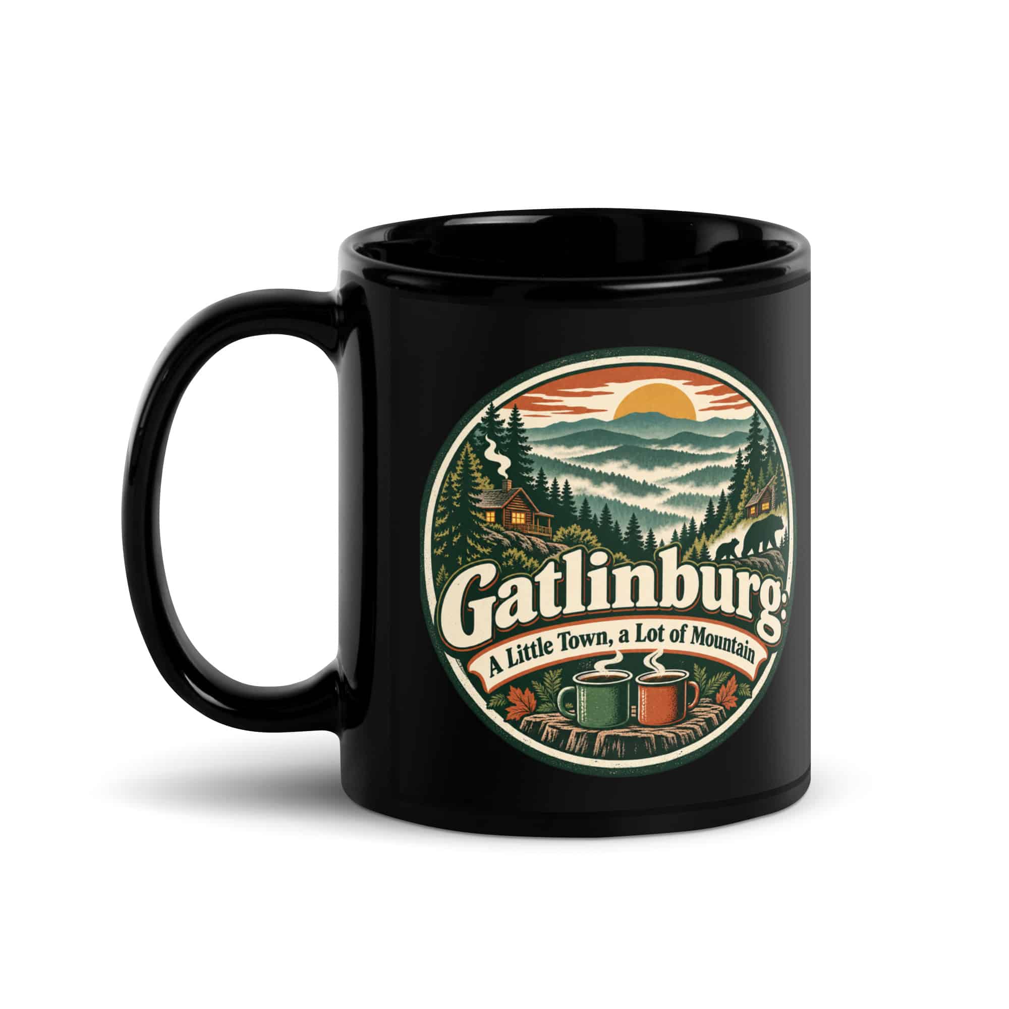 Gatlinburg and the Smokies Black Coffee Mug: Gatlinburg: A Little Town, a Lot of Mountain, Vintage Round Badge