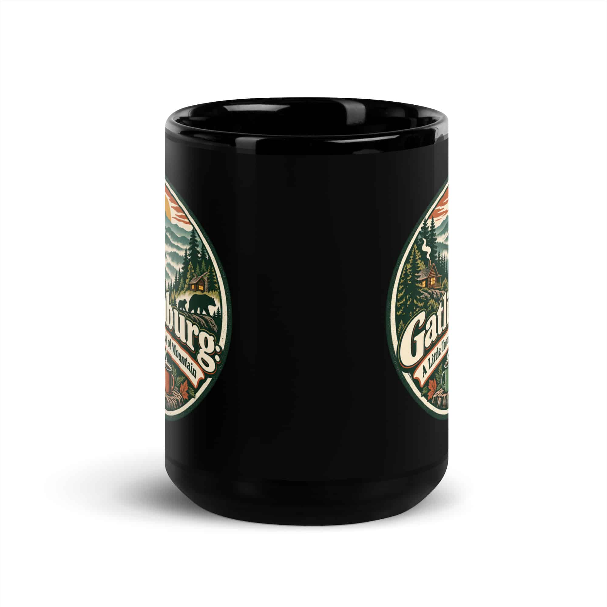 Gatlinburg and the Smokies Black Coffee Mug: Gatlinburg: A Little Town, a Lot of Mountain, Vintage Round Badge