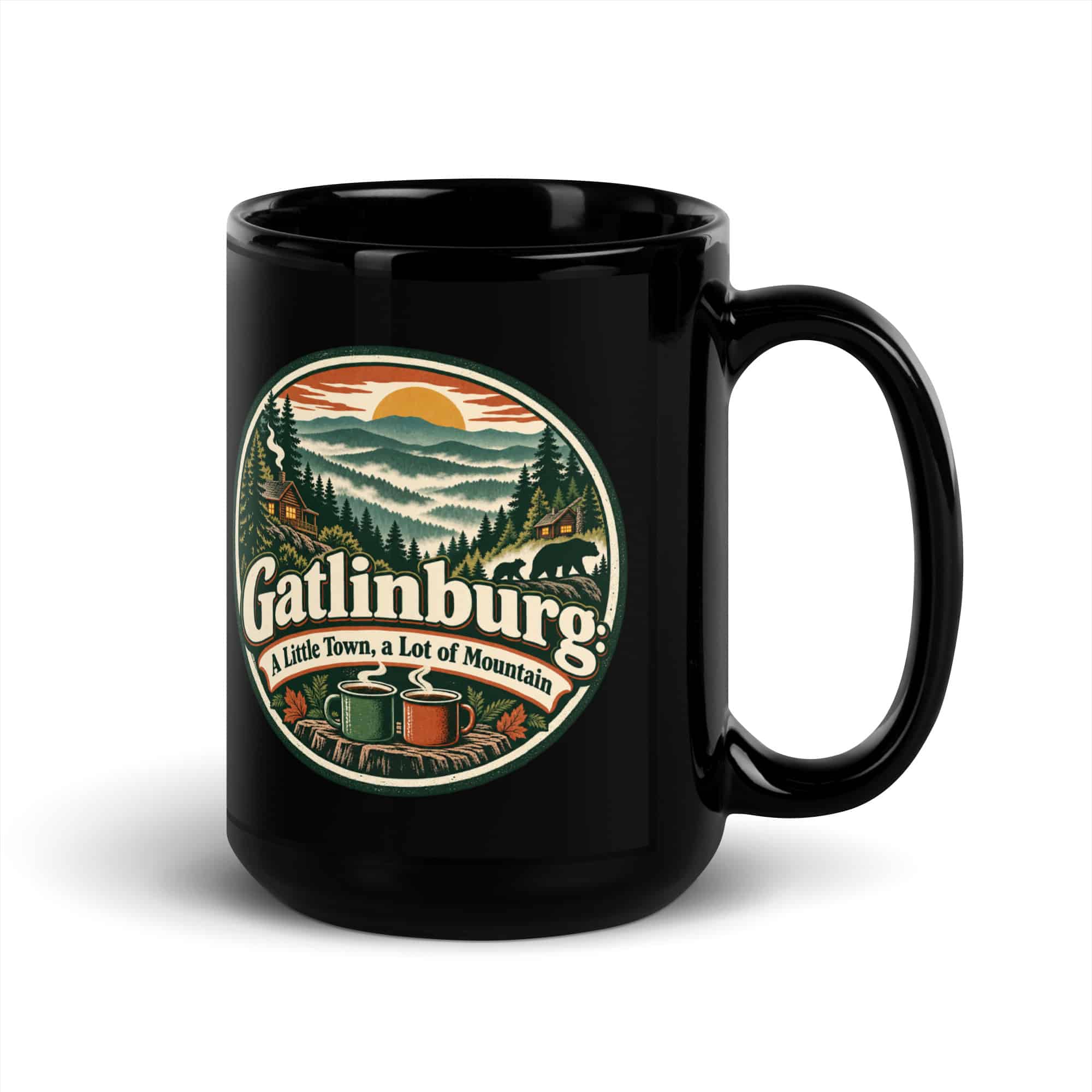 Gatlinburg and the Smokies Black Coffee Mug: Gatlinburg: A Little Town, a Lot of Mountain, Vintage Round Badge