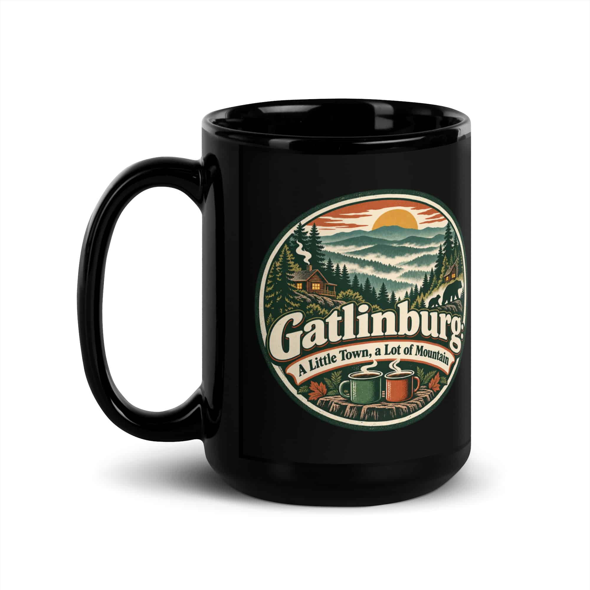 Gatlinburg and the Smokies Black Coffee Mug: Gatlinburg: A Little Town, a Lot of Mountain, Vintage Round Badge