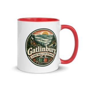 Gatlinburg and the Smokies Color Inside Coffee Mug: Gatlinburg: A Little Town, a Lot of Mountain, Vintage Round Badge - 11 oz - Main