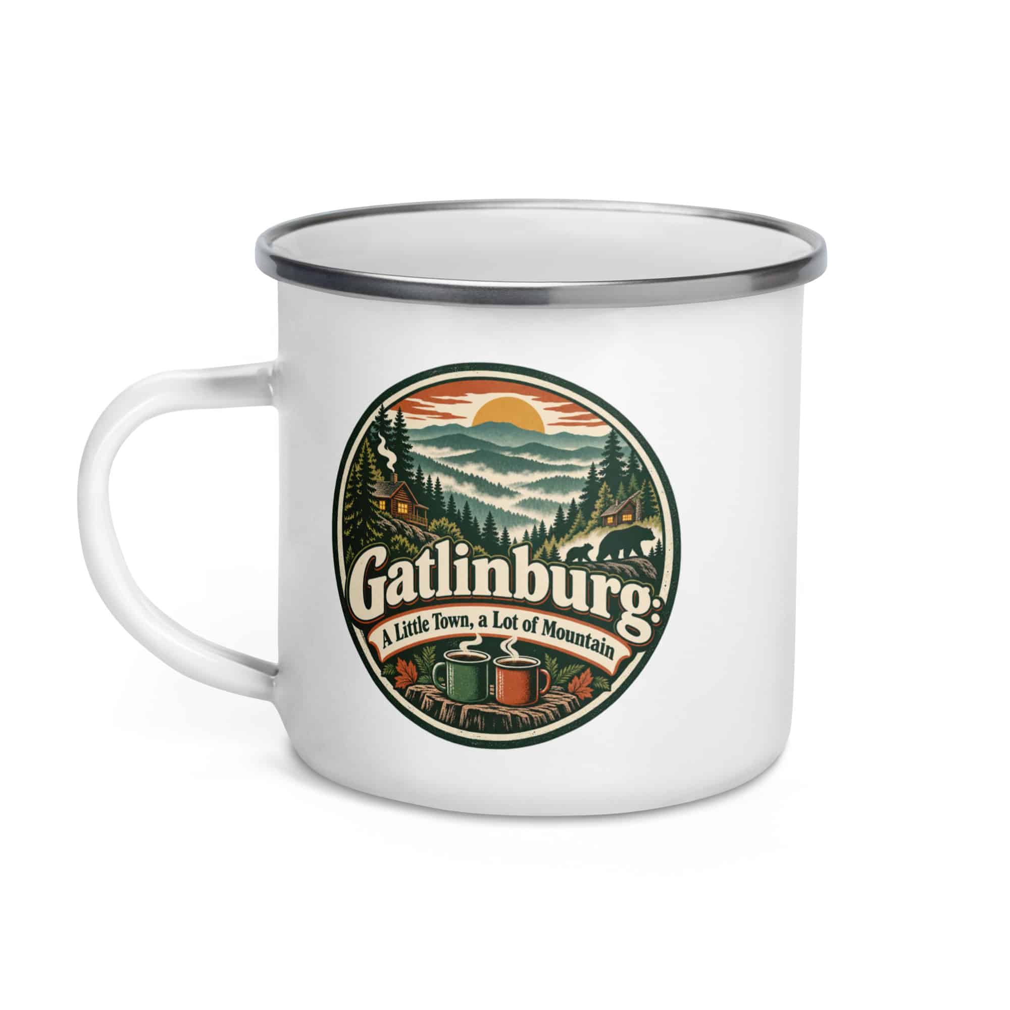 Gatlinburg and the Smokies Enamel Camp Mug: Gatlinburg: A Little Town, a Lot of Mountain, Vintage Round Badge