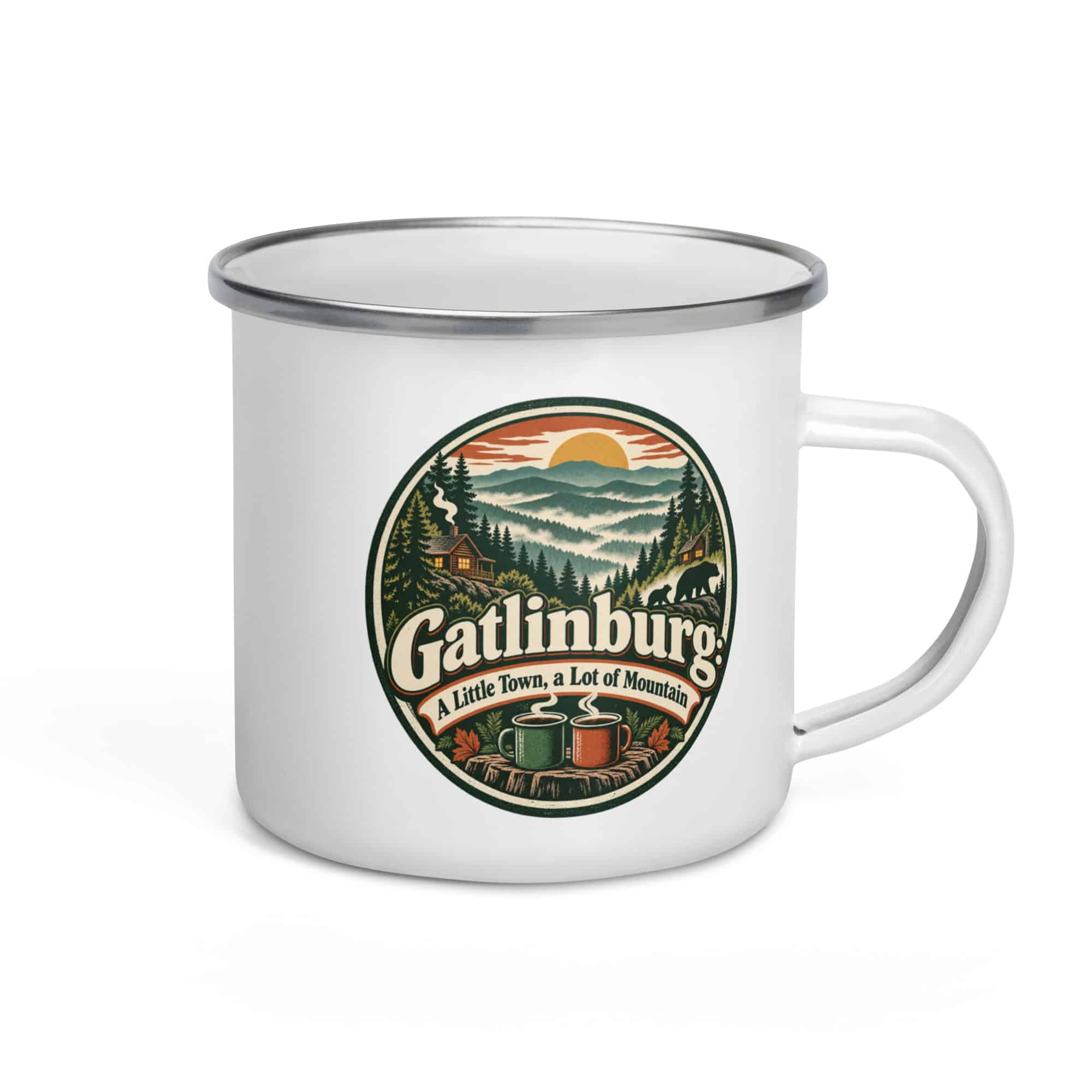 Gatlinburg and the Smokies Enamel Camp Mug: Gatlinburg: A Little Town, a Lot of Mountain, Vintage Round Badge