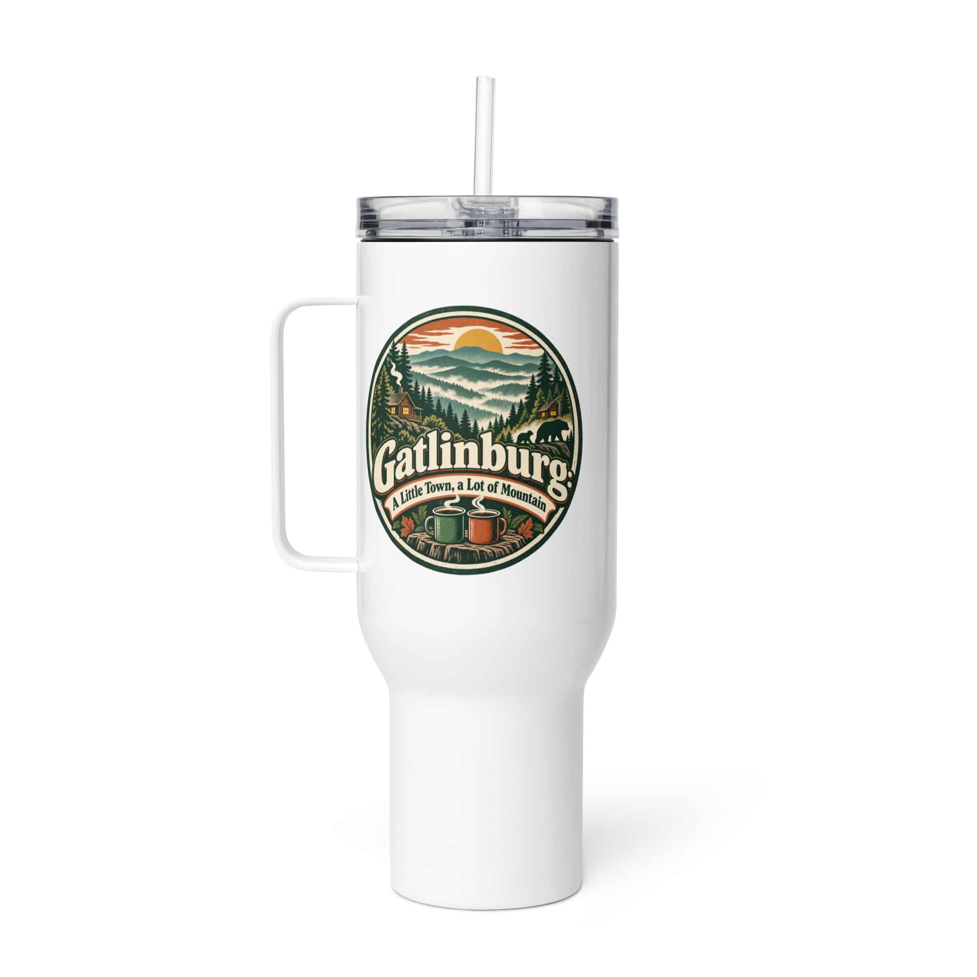 Gatlinburg and the Smokies Travel Mug: Gatlinburg: A Little Town, a Lot of Mountain, Vintage Round Badge