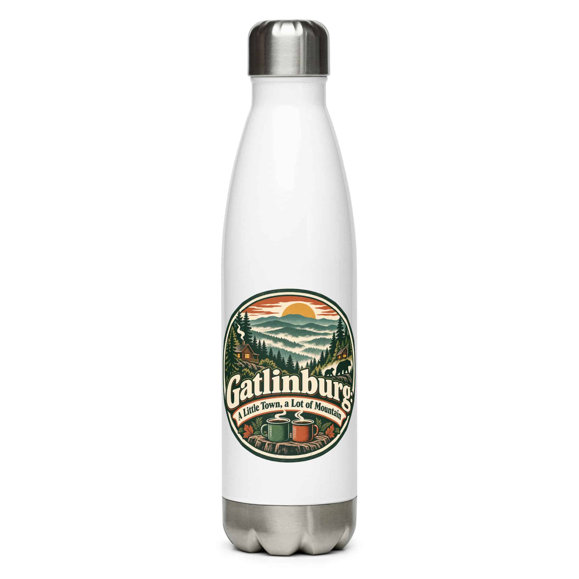 Gatlinburg and the Smokies Stainless Steel Water Bottle: Gatlinburg: A Little Town, a Lot of Mountain, Vintage Round Badge