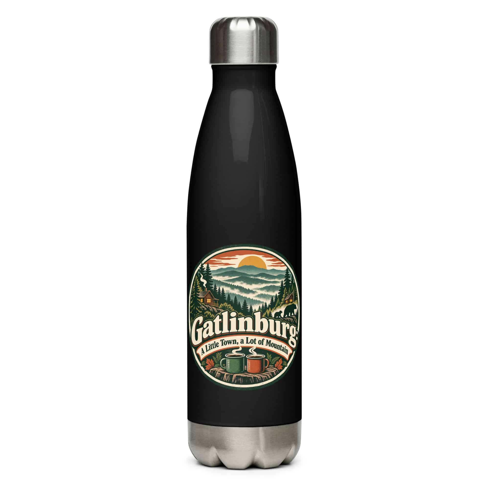 Gatlinburg and the Smokies Stainless Steel Water Bottle: Gatlinburg: A Little Town, a Lot of Mountain, Vintage Round Badge