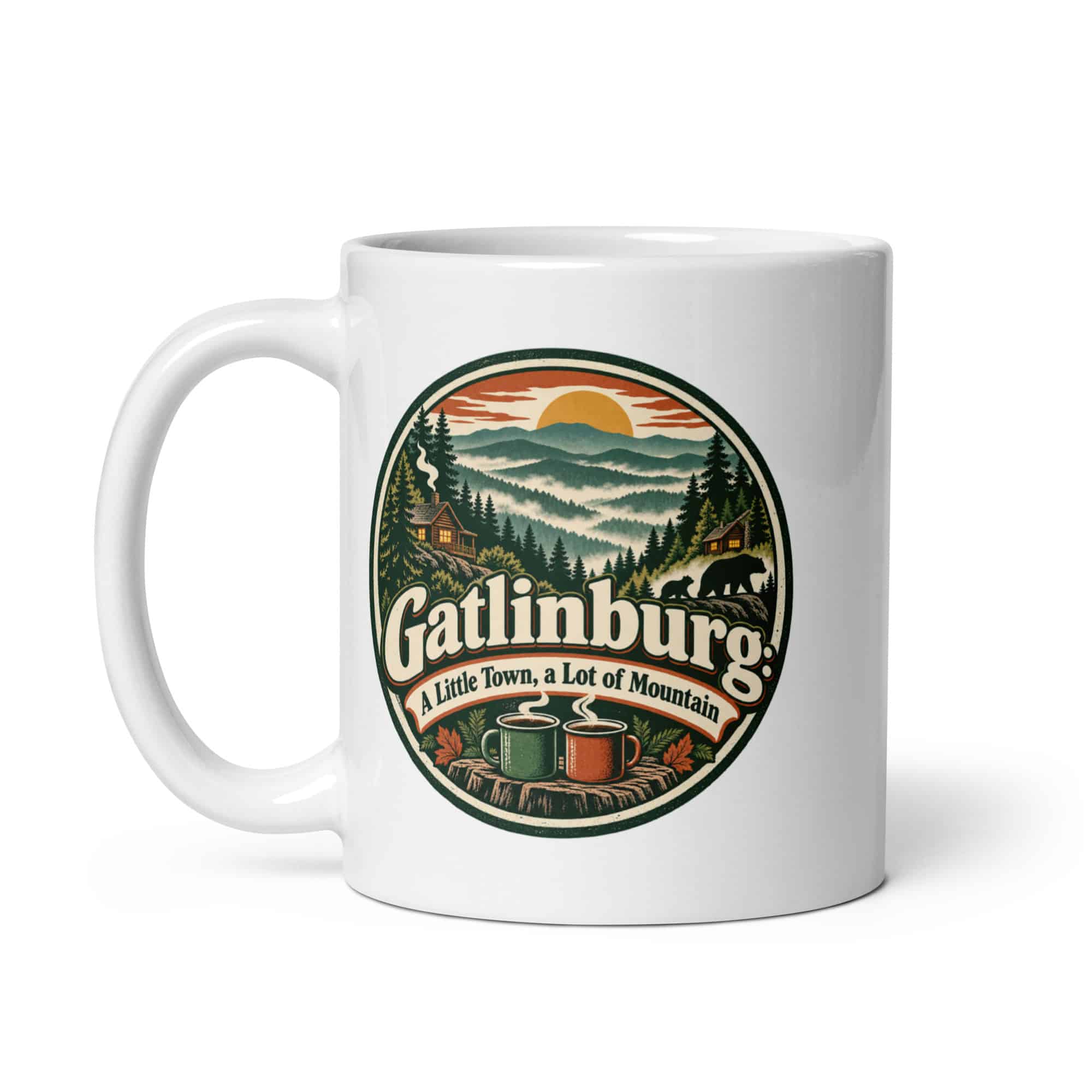 Gatlinburg and the Smokies White Ceramic Coffee Mug: Gatlinburg: A Little Town, a Lot of Mountain, Vintage Round Badge