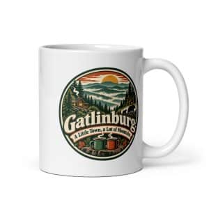 Gatlinburg and the Smokies White Ceramic Coffee Mug: Gatlinburg: A Little Town, a Lot of Mountain, Vintage Round Badge - 11 oz - Main