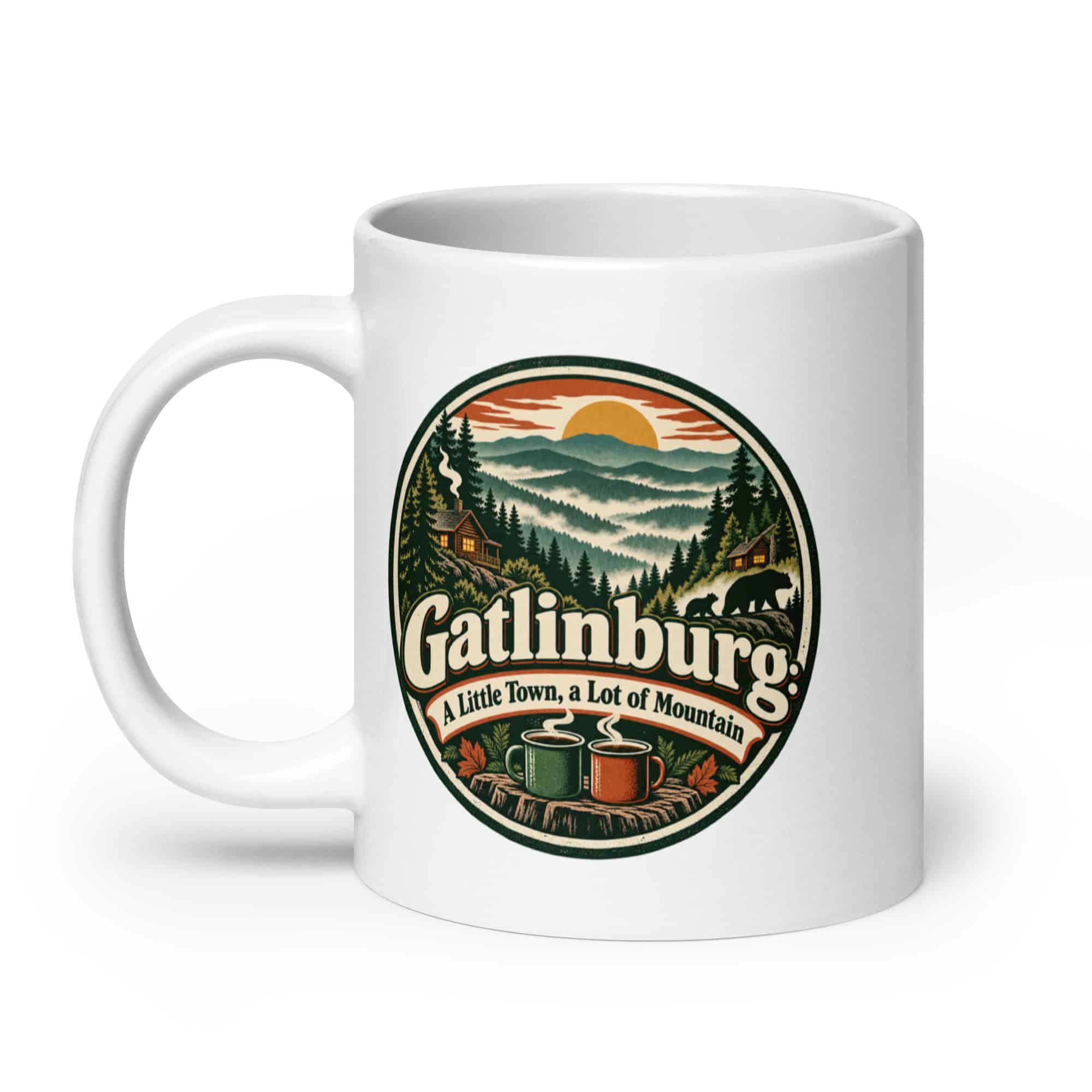 Gatlinburg and the Smokies White Ceramic Coffee Mug: Gatlinburg: A Little Town, a Lot of Mountain, Vintage Round Badge