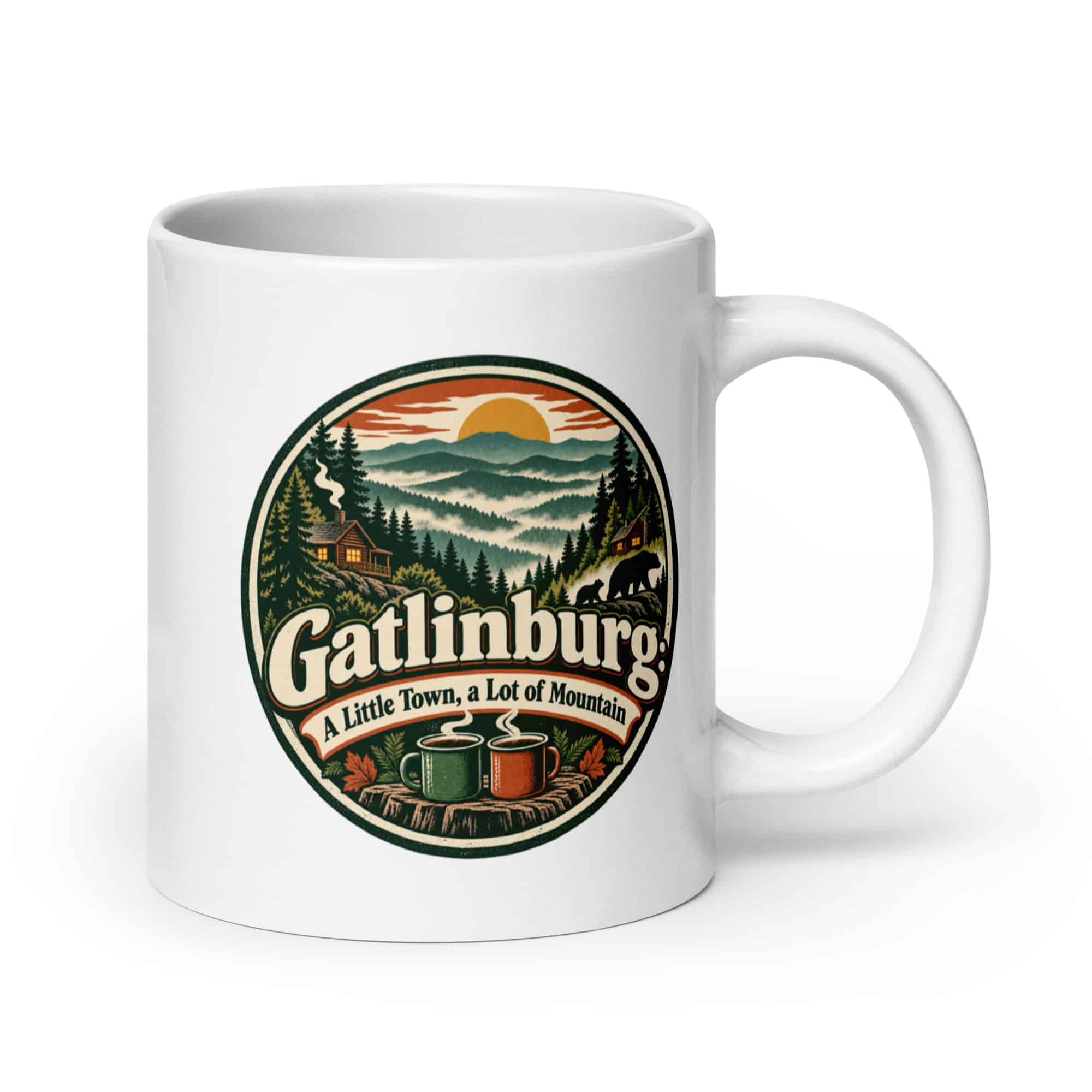 Gatlinburg and the Smokies White Ceramic Coffee Mug: Gatlinburg: A Little Town, a Lot of Mountain, Vintage Round Badge