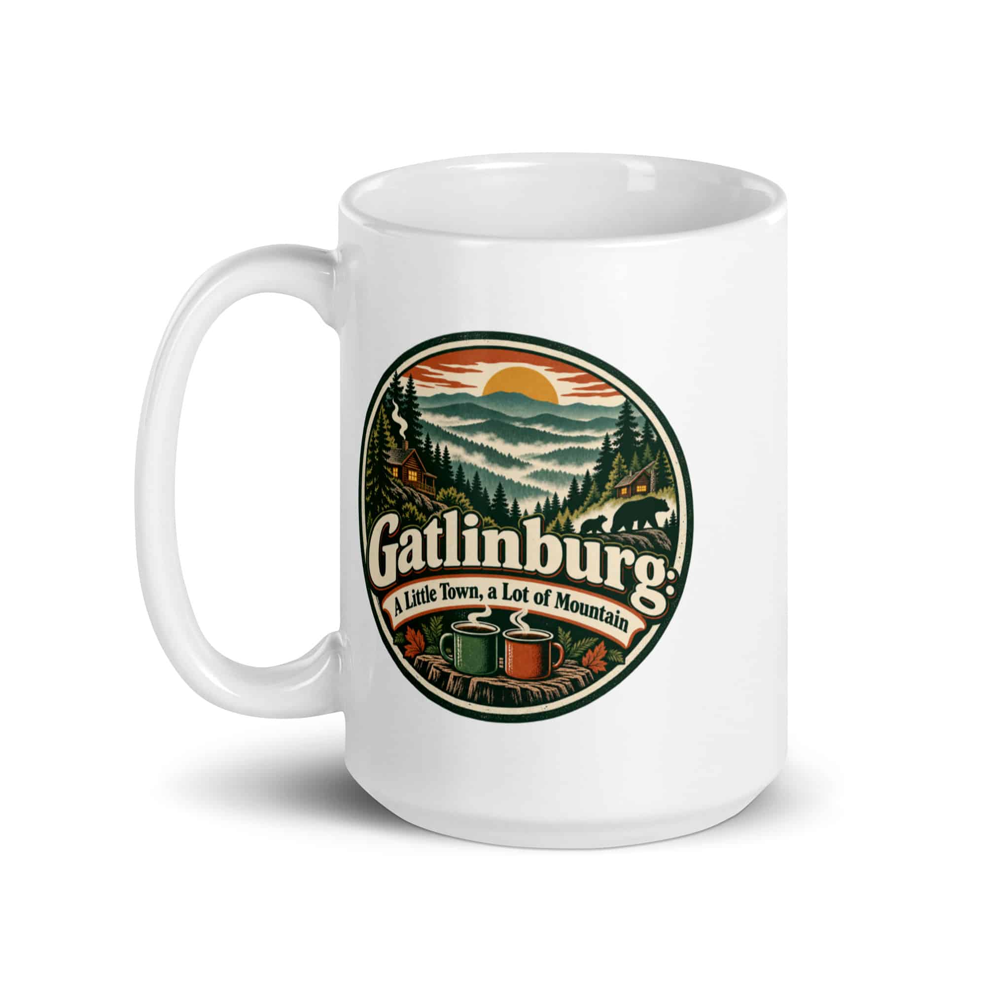 Gatlinburg and the Smokies White Ceramic Coffee Mug: Gatlinburg: A Little Town, a Lot of Mountain, Vintage Round Badge
