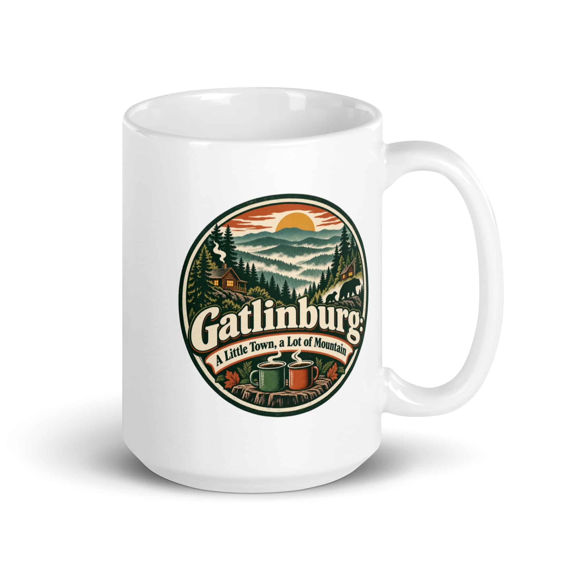 Gatlinburg and the Smokies White Ceramic Coffee Mug: Gatlinburg: A Little Town, a Lot of Mountain, Vintage Round Badge