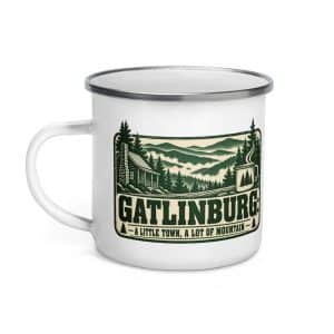 Gatlinburg and the Smokies Enamel Camp Mug: Gatlinburg: A Little Town, a Lot of Mountain, Forest Ink Stamp - 12 oz - Left