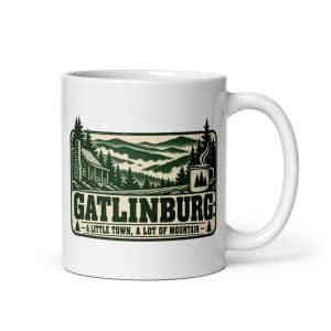 Gatlinburg and the Smokies White Ceramic Coffee Mug: Gatlinburg: A Little Town, a Lot of Mountain, Forest Ink Stamp - 11 oz - Main