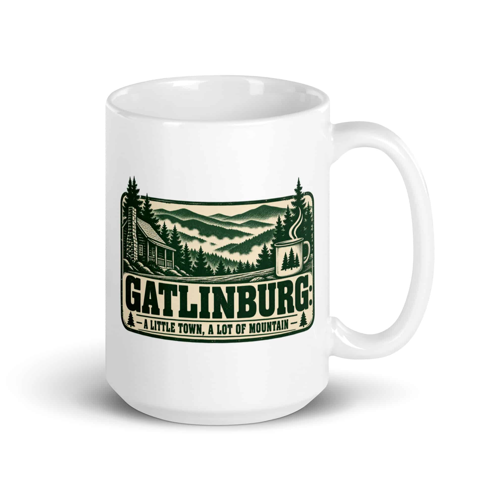 Gatlinburg and the Smokies White Ceramic Coffee Mug: Gatlinburg: A Little Town, a Lot of Mountain, Forest Ink Stamp