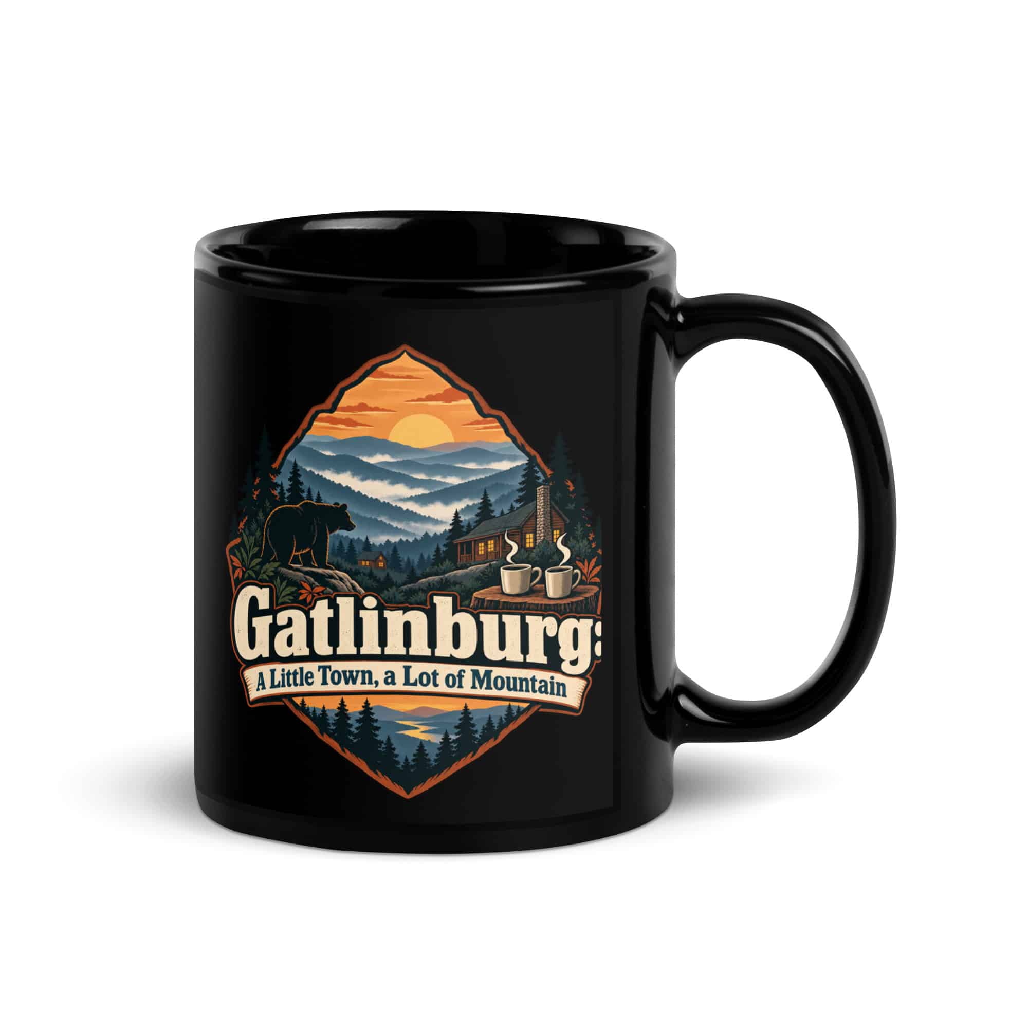 Gatlinburg and the Smokies Black Coffee Mug: Gatlinburg: A Little Town, a Lot of Mountain, Scenic Shield Badge